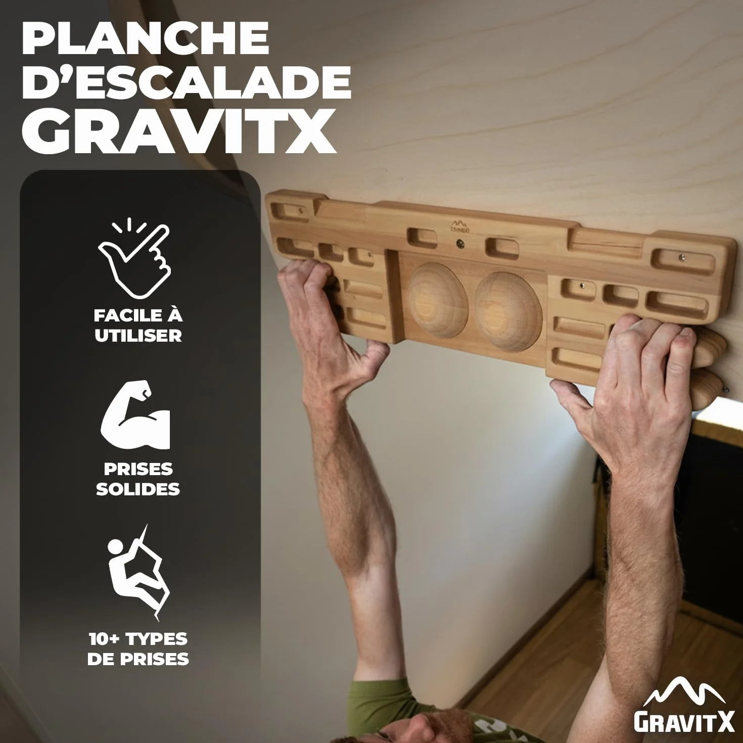 GravitX Planche d’Escalade en Bois 65 cm Fingerboard Multiprises 18-45 mm Accroche Murale