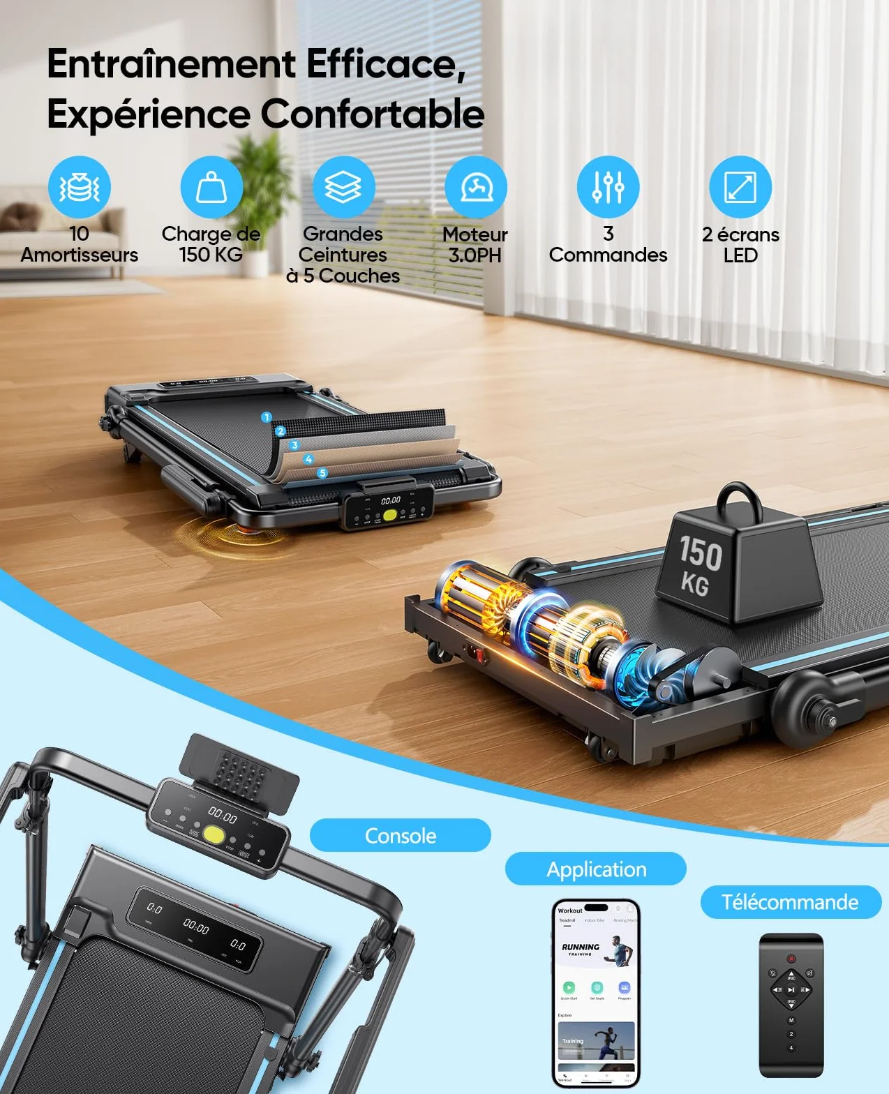 Tapis de Course Pliable Inclinable 12% 3.0HP Max 12 km/h Charge 150 kg