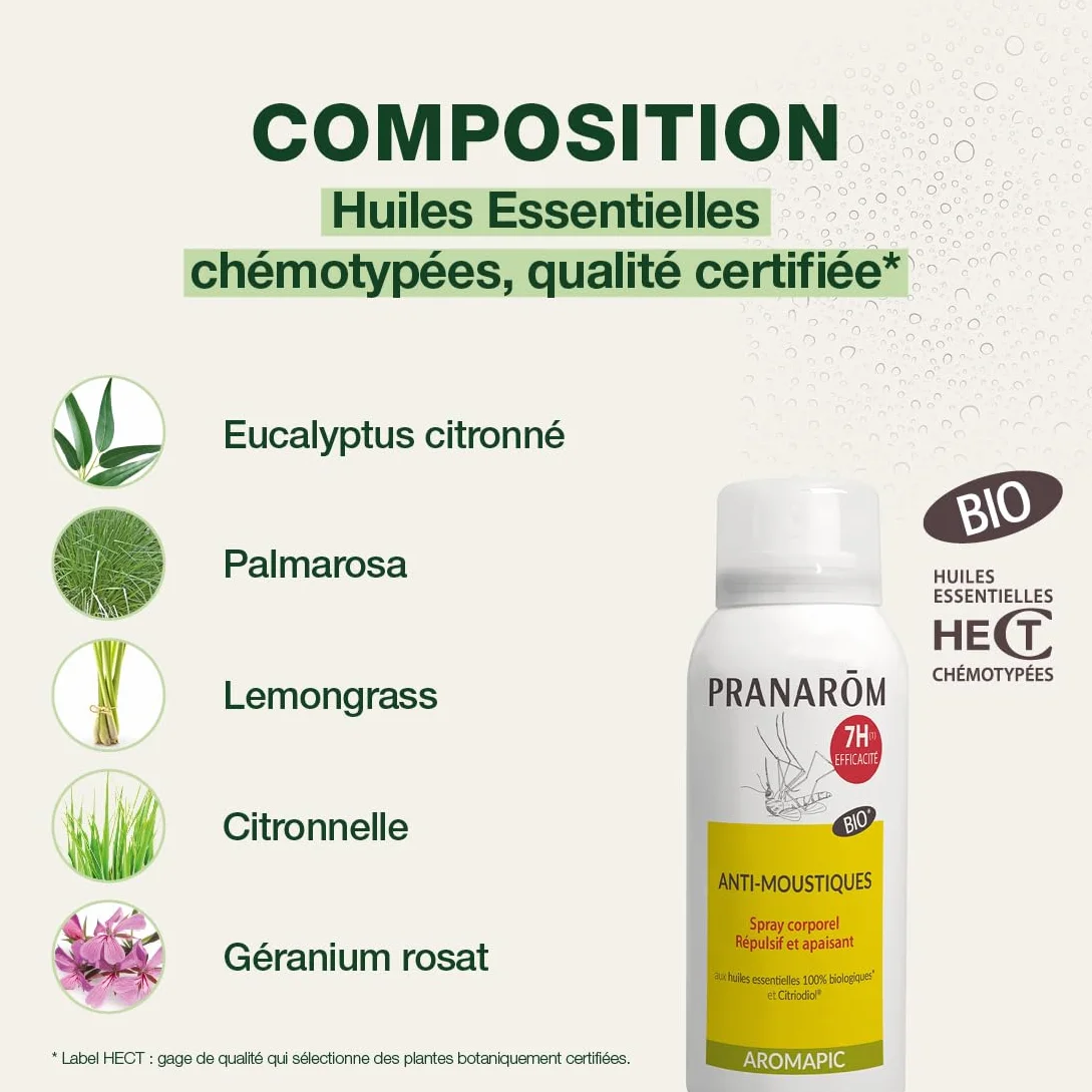Pranarôm Aromapic Spray Corps Anti-Moustique Bio 75 ml Huiles Essentielles Naturelles