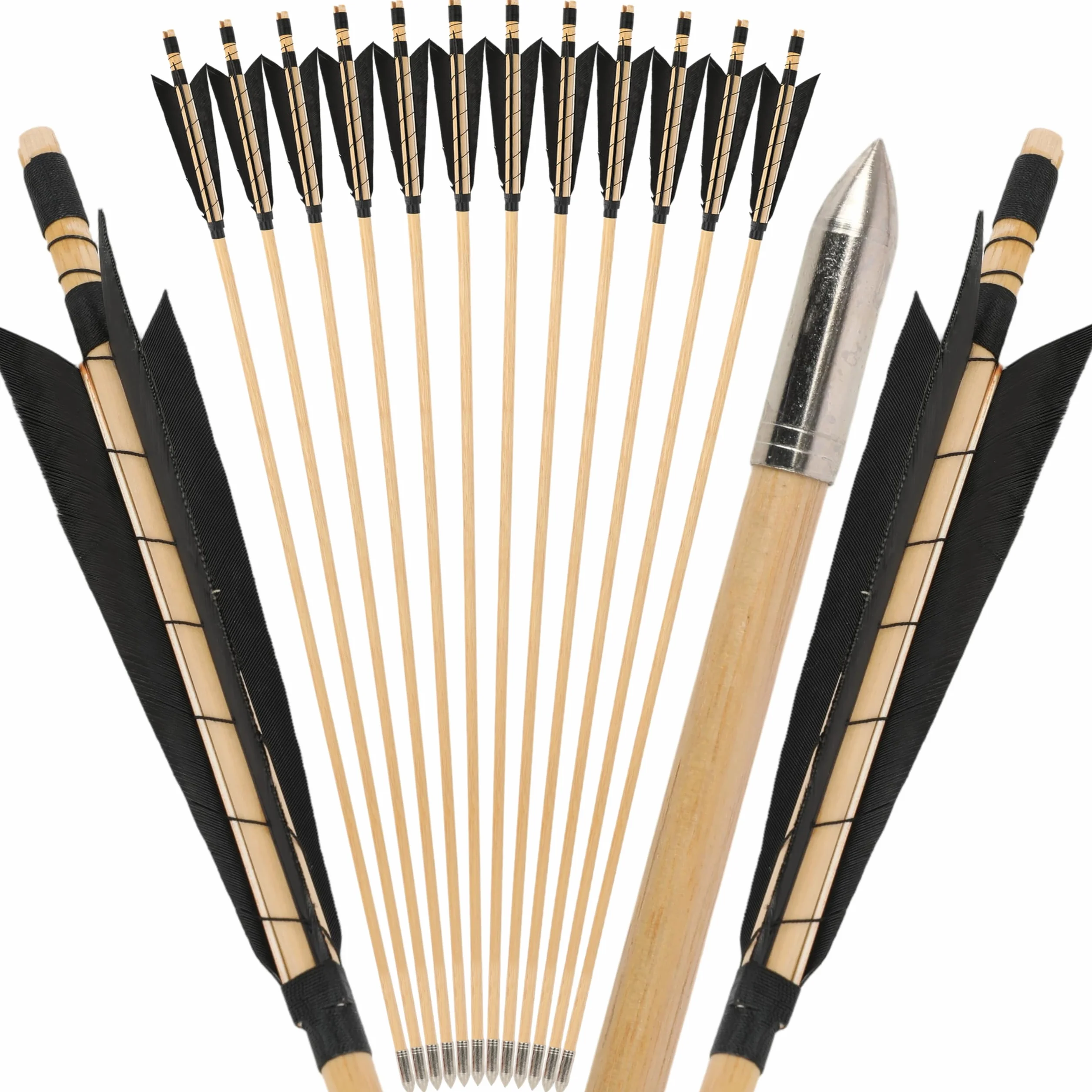 Flèches en Bois de 32 Pouces pour Tir à l'Arc Traditionnelles avec Plumes Naturelles