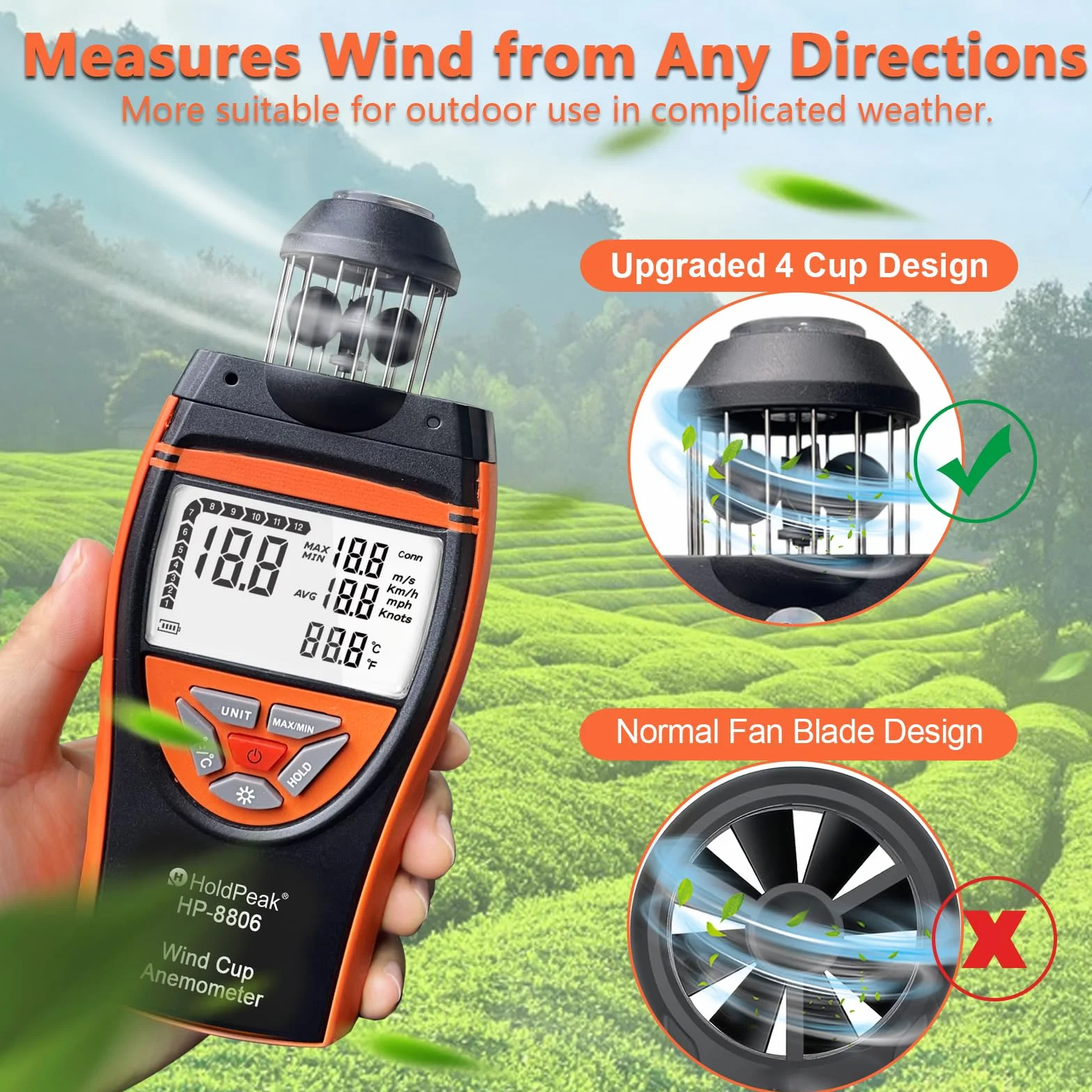 HoldPeak 8806 Anémomètre Numérique Vitesse du Vent 0.7~42m/s Compteur Température Boussole