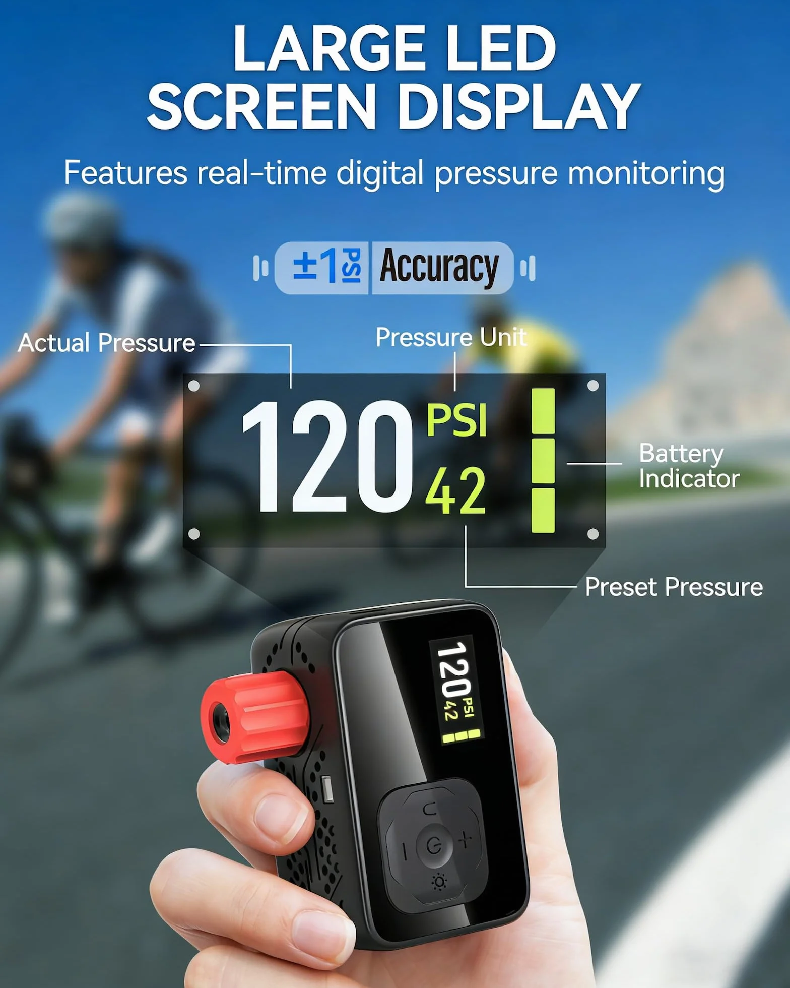 Pompe À Vélo Électrique Auto-Off Lumière LED pour Vélos Électriques VTT Ville Course Valves Presta Schrader
