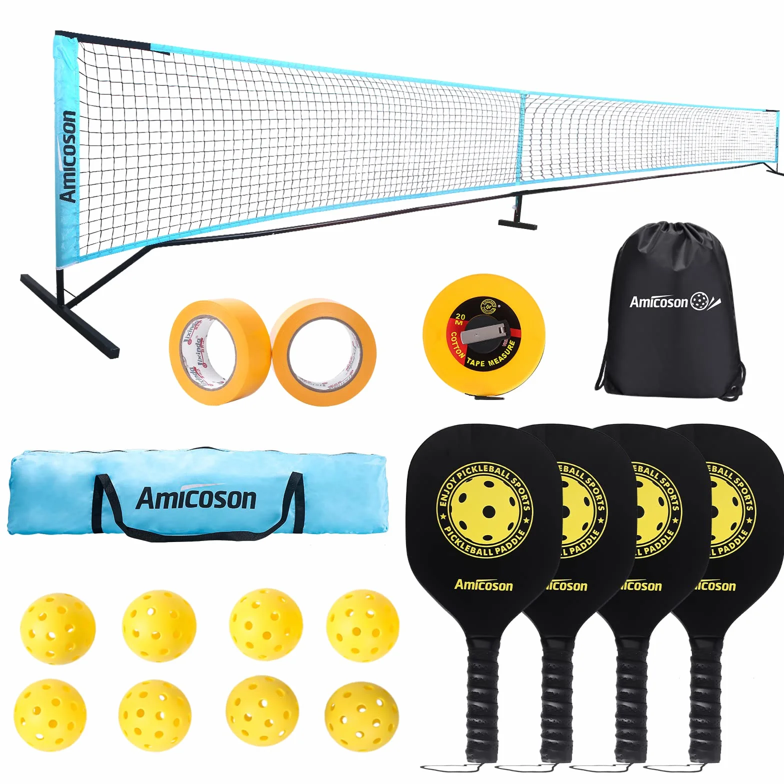 Amicoson Filet de Pickleball Set 22FT en bois pour extérieur avec 4 raquettes, 8 balles, sac de transport