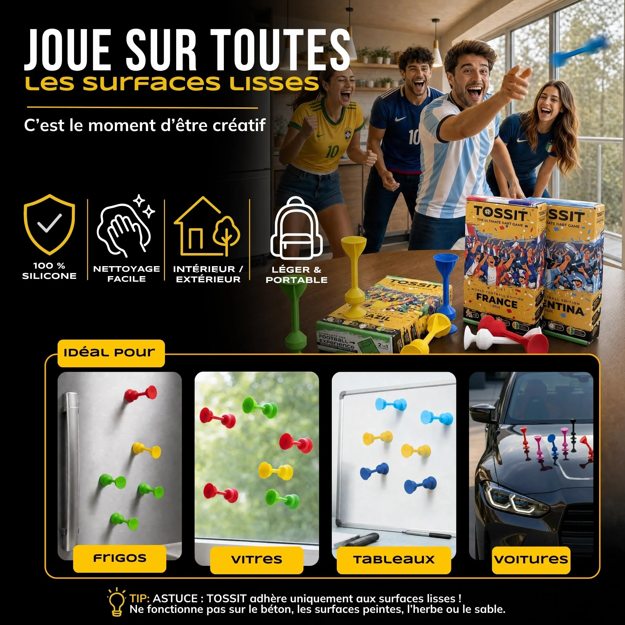 TOSSIT Jeu Fléchette Ventouse Pétanque Intérieur Extérieur Sol Mur Silicone Puissant Durable World Football Edition