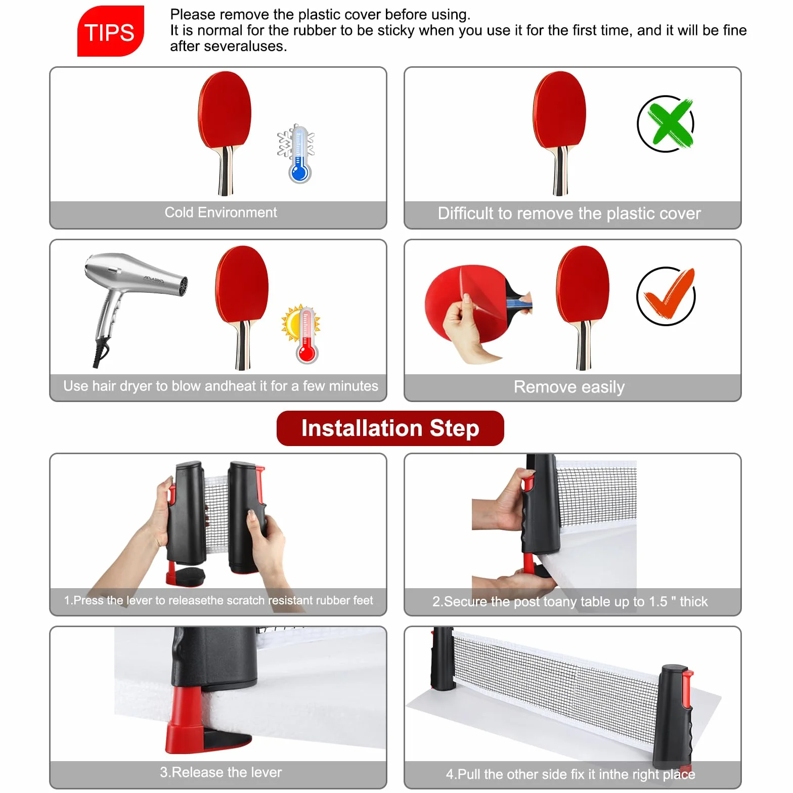 Set de Tennis de Table 2 Raquettes 6 Balles Filet Rétractable Sac de Transport Ping Pong Kit
