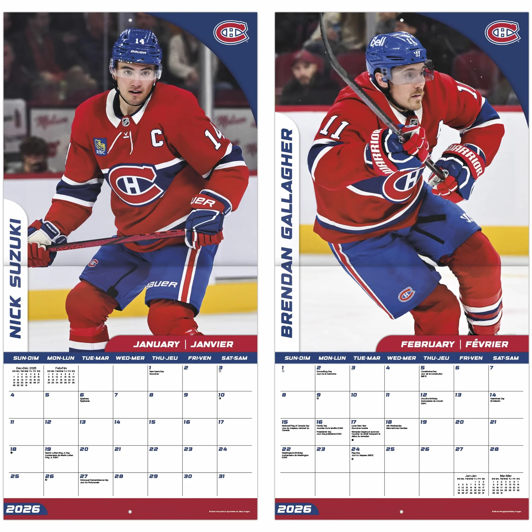Calendrier mural 2026 Canadiens de Montréal bilingue français