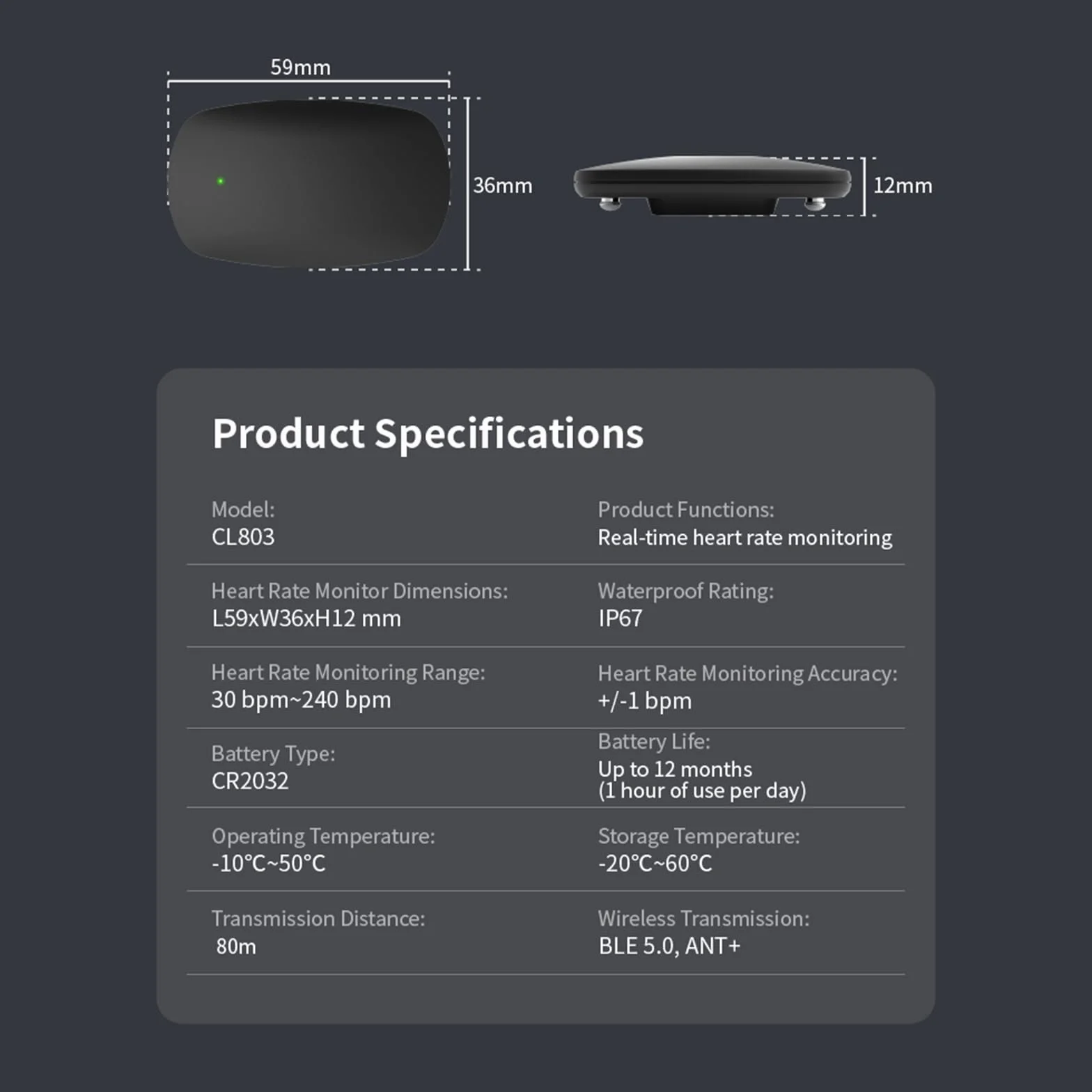 CHILEAF Brassard Moniteur Fréquence Cardiaque HRM Capteur HR IP67 Ant+ Bluetooth 60H Batterie Longue Durée