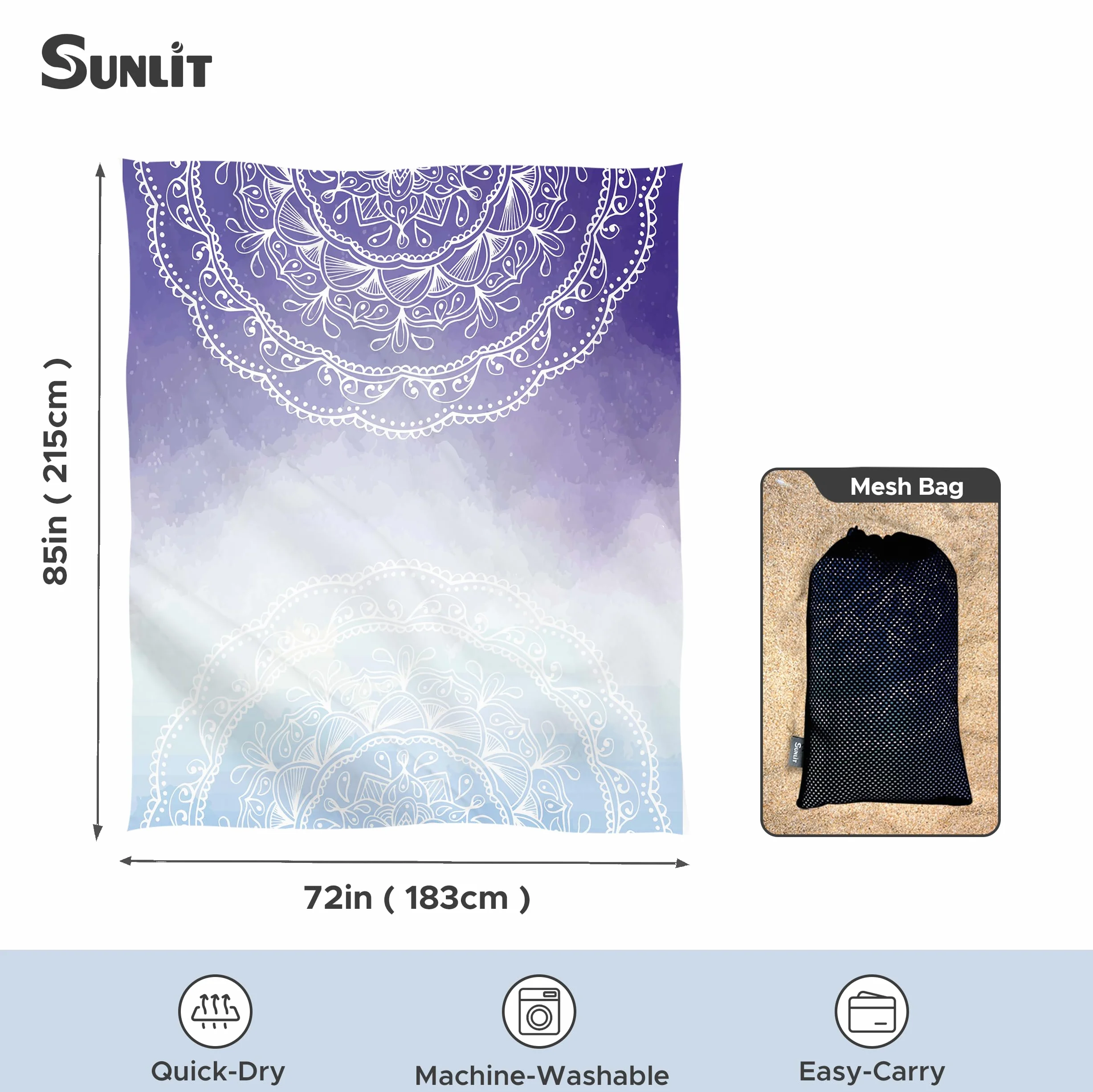 Couverture de Plage Anti-Sable 215,9 x 182,9 cm avec Poches d'angle et Sac en Maille, Motif
