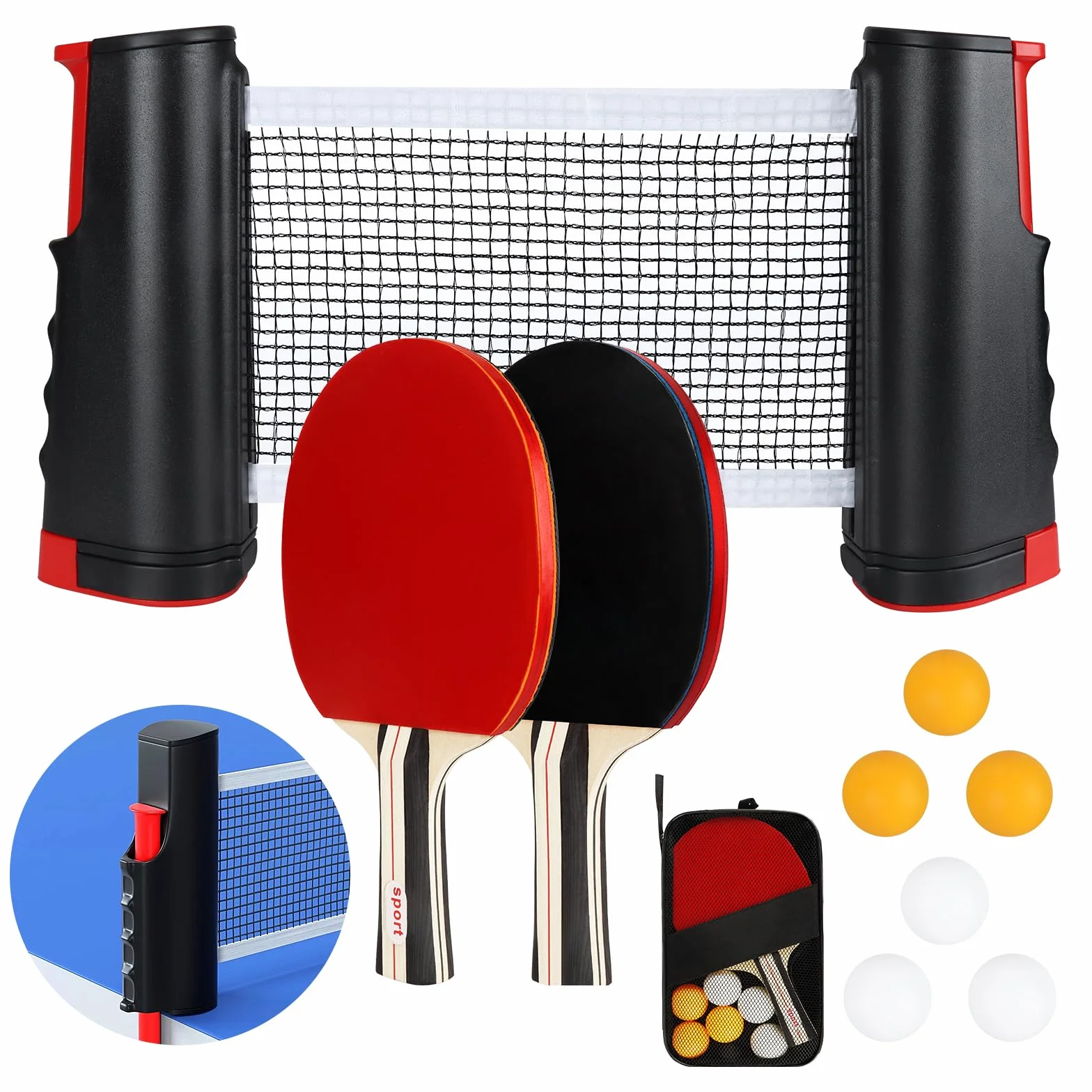 Set de Tennis de Table 2 Raquettes 6 Balles Filet Rétractable Sac de Transport Ping Pong Kit