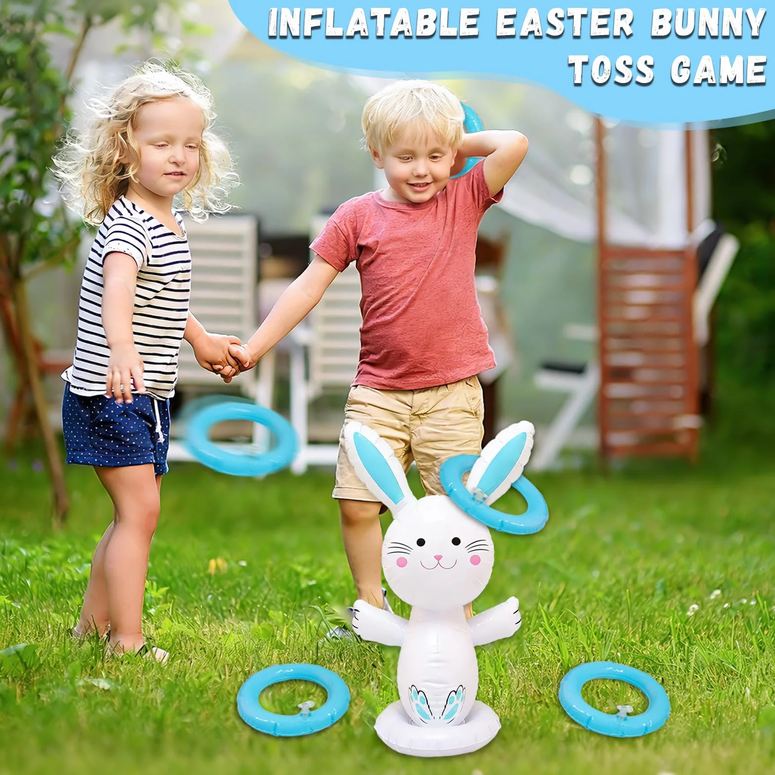 dellyy Jeux de Lancer Lapin Gonflable Pâques, Jeu de Lancer d'Anneaux Gonflable, Intérieur Extérieur