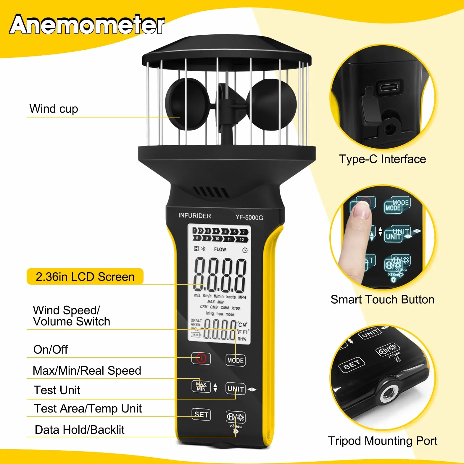 Anémomètre numérique à coupelle portable CFM avec bouton tactile anti-poussière rechargeable