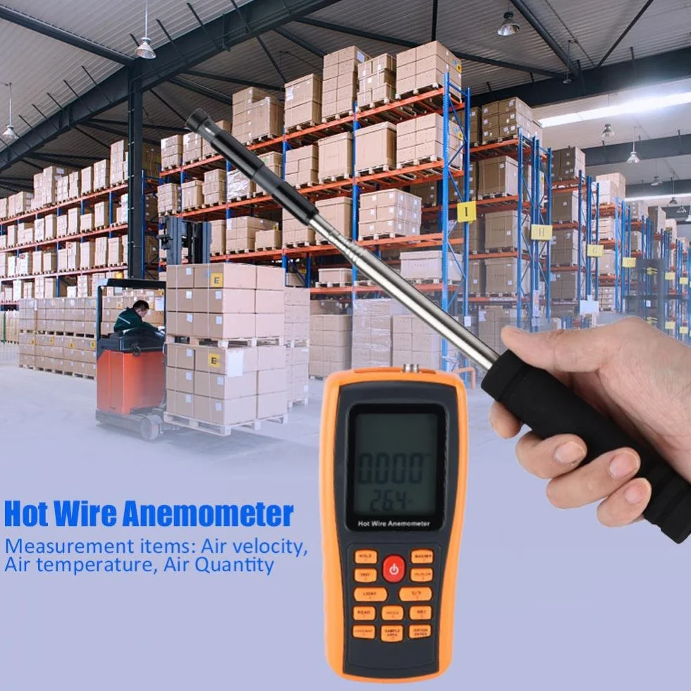 GM8903 Anémomètre LCD Numérique Portable, Jauge de Température du Vent à Fil Chaud