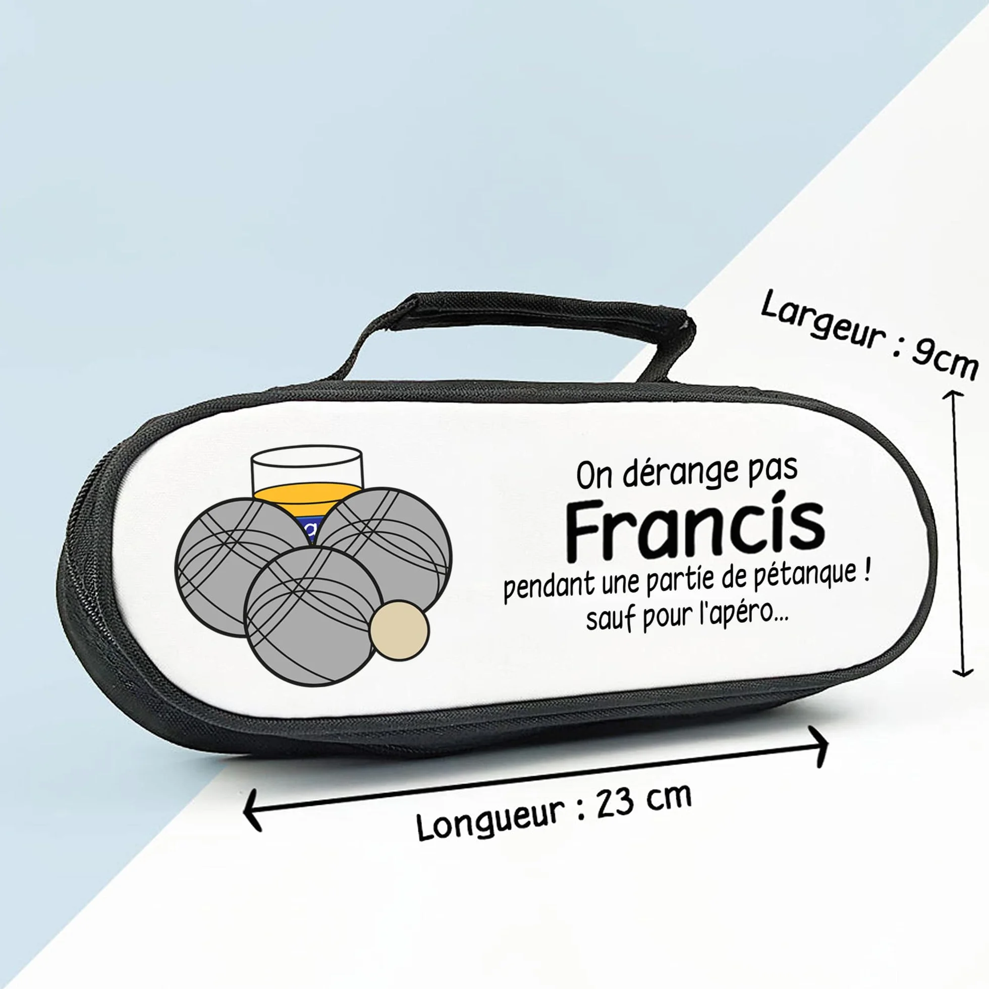Sacoche pétanque personnalisable pour triplette 3 boules avec prénom et texte