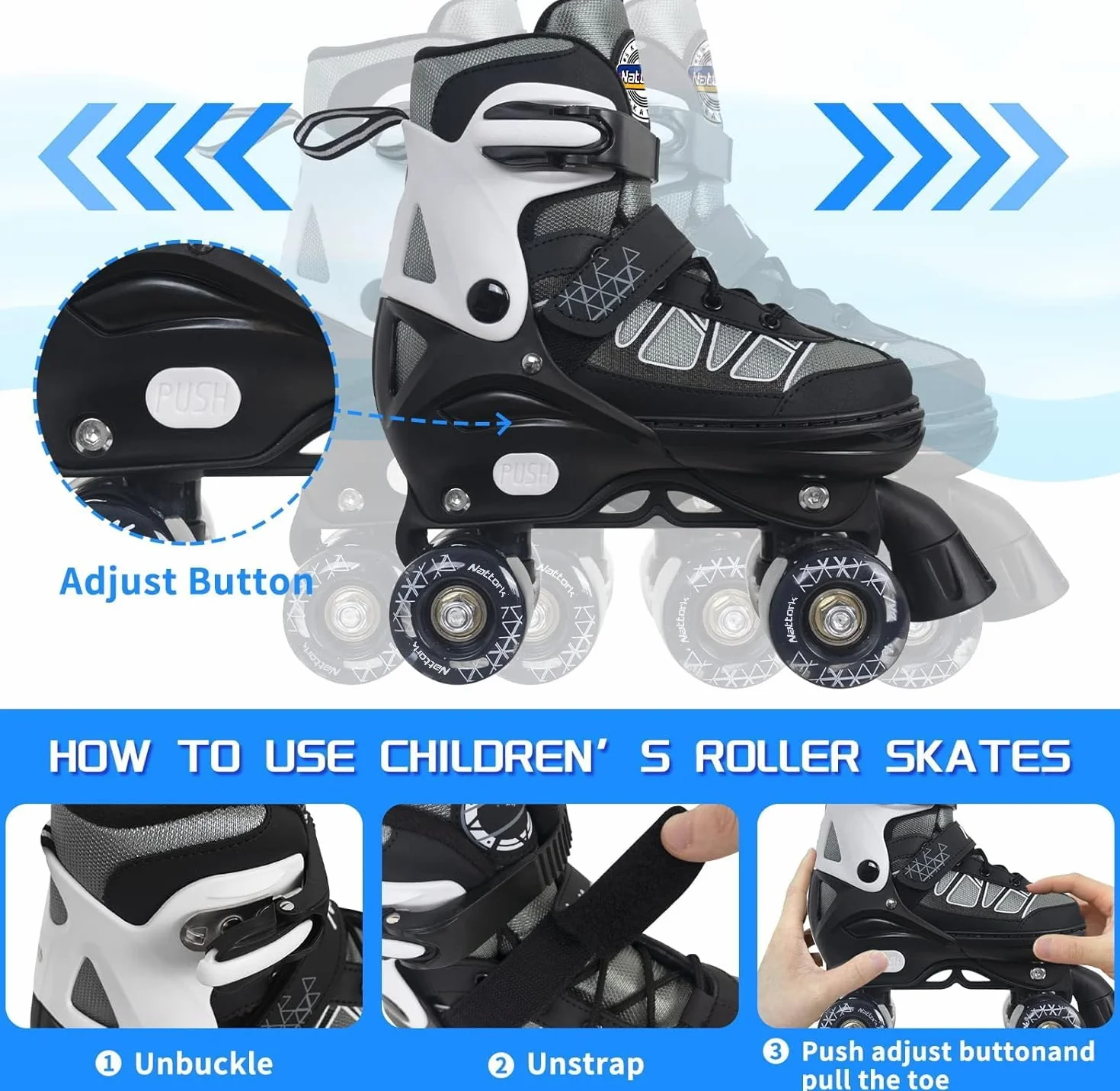 Patins à roulettes pour enfants réglables 4 tailles roues lumineuses extérieur intérieur