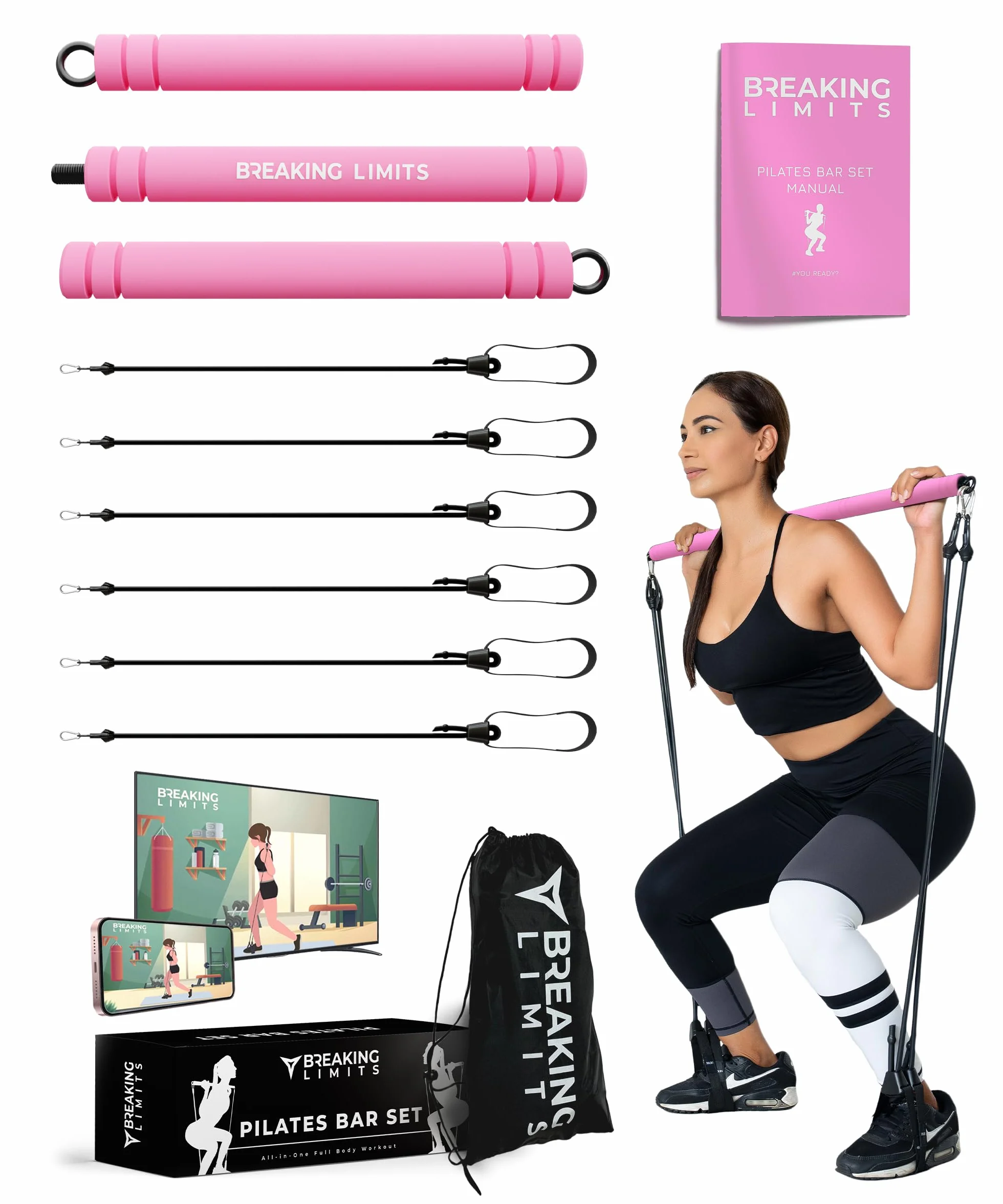 Breaking Limits Ensemble de Barres de Pilates Réglable avec 6 Bandes de Résistance pour Entraînement Complet du Corps