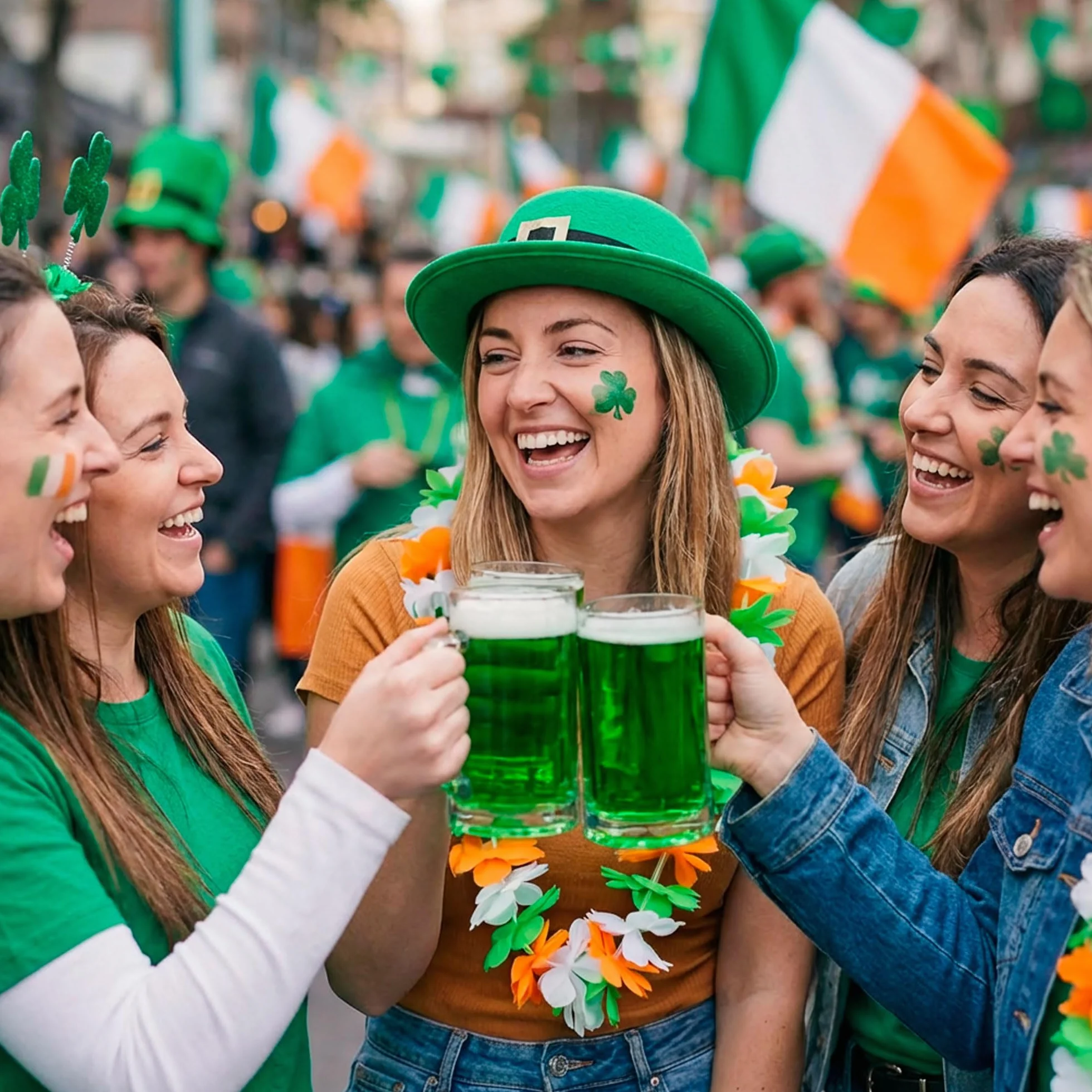 Colliers Hawaïens Saint-Patrick 10 pièces – Fleurs Tissu Vert Blanc Orange – Accessoire Fête Irlandaise Rugby