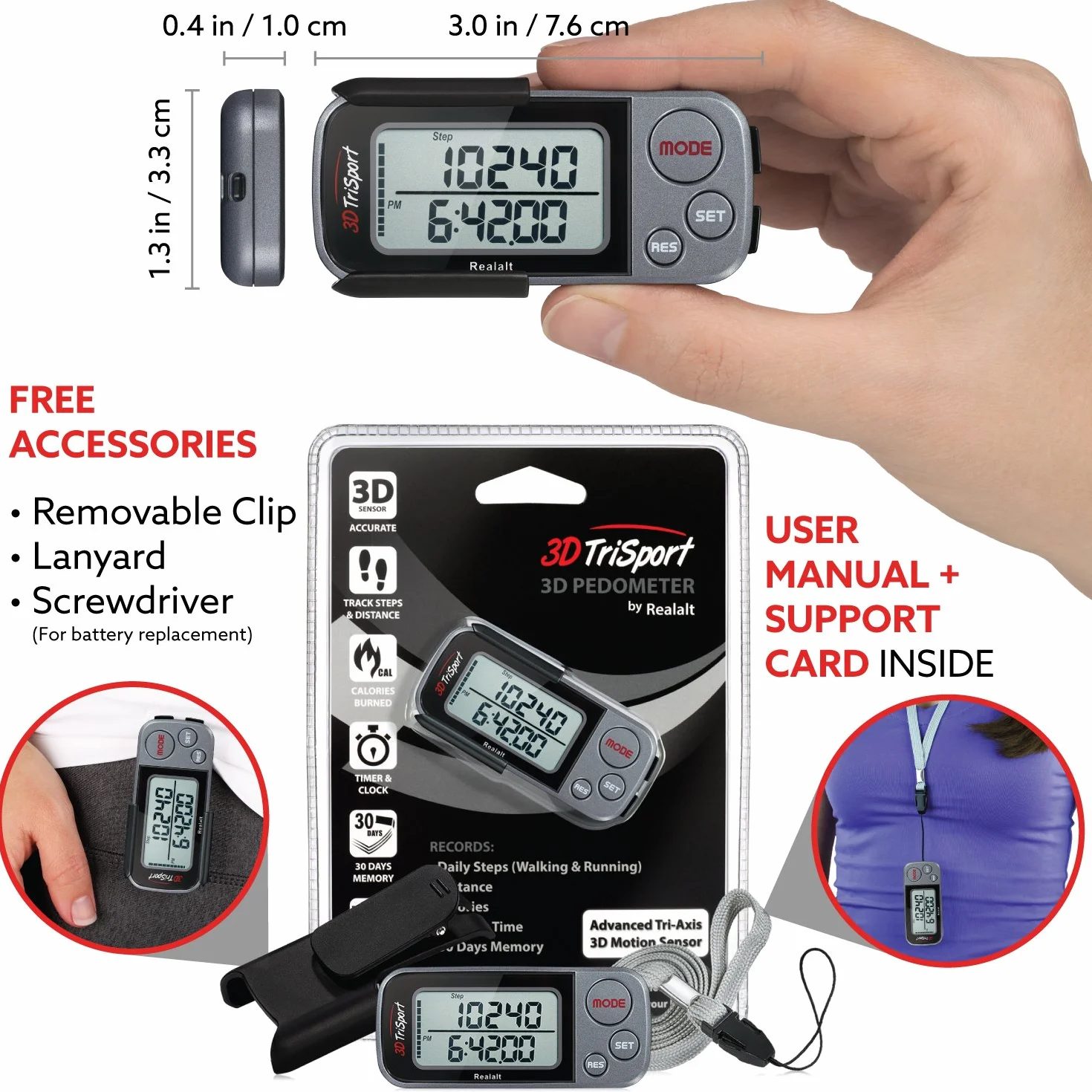 Realalt 3DTriSport 3D Pedometer, Accurate Step Counter with Clip and Strap