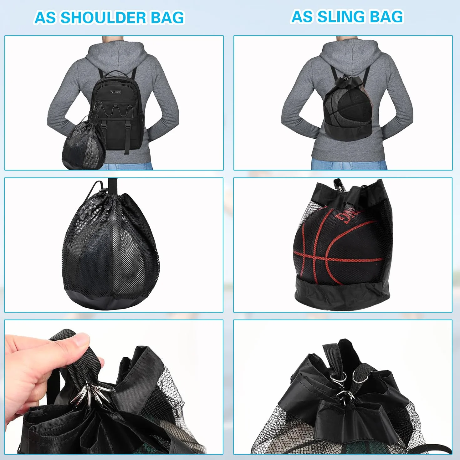 Sacs à Balles de Basket en Maille Oxford, Filet Pliable avec Poche Zippée pour Basketball, Football, Volley