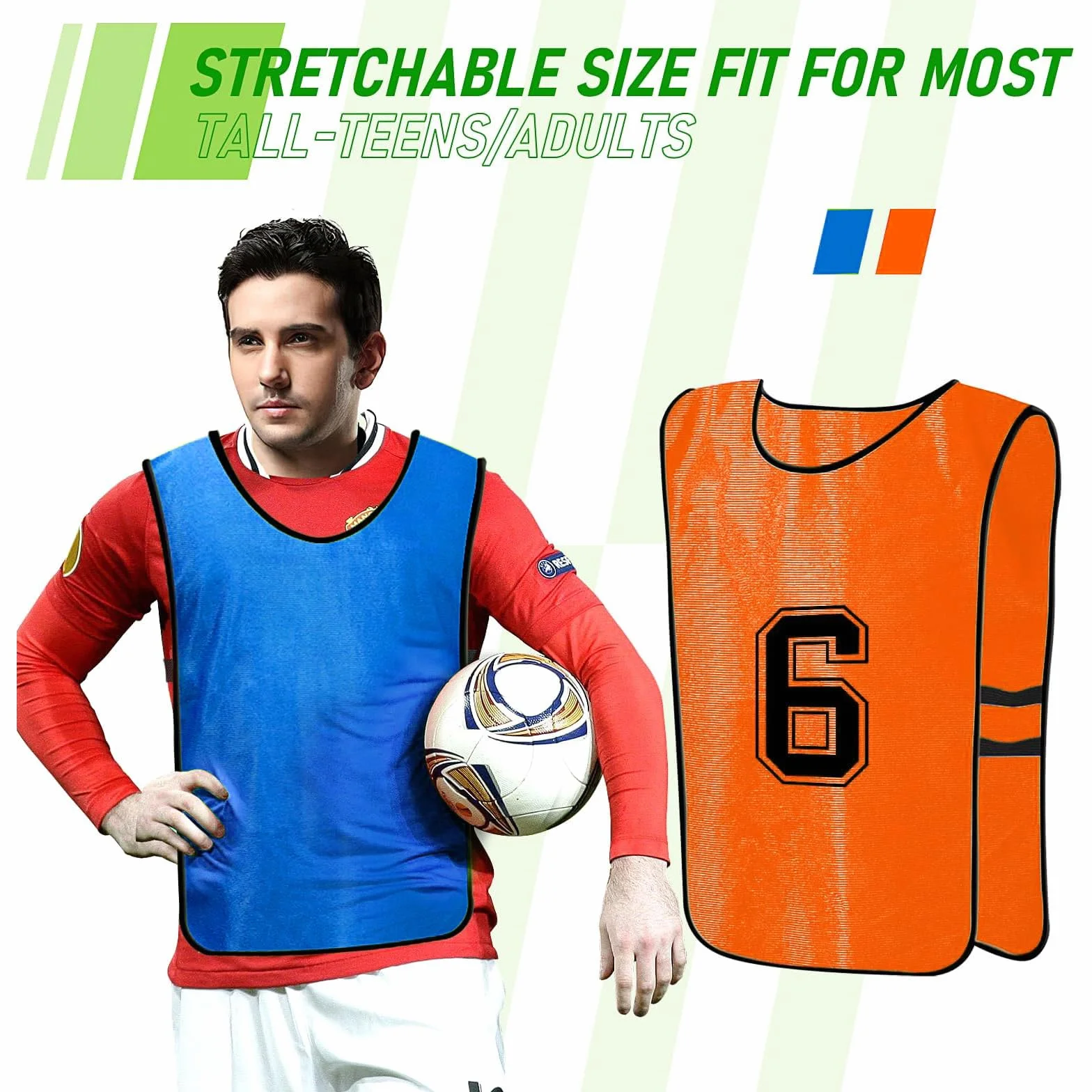 MSYU Lot de 12 gilets de football numérotés à séchage rapide pour adultes et jeunes, Orange/bleu foncé, XL