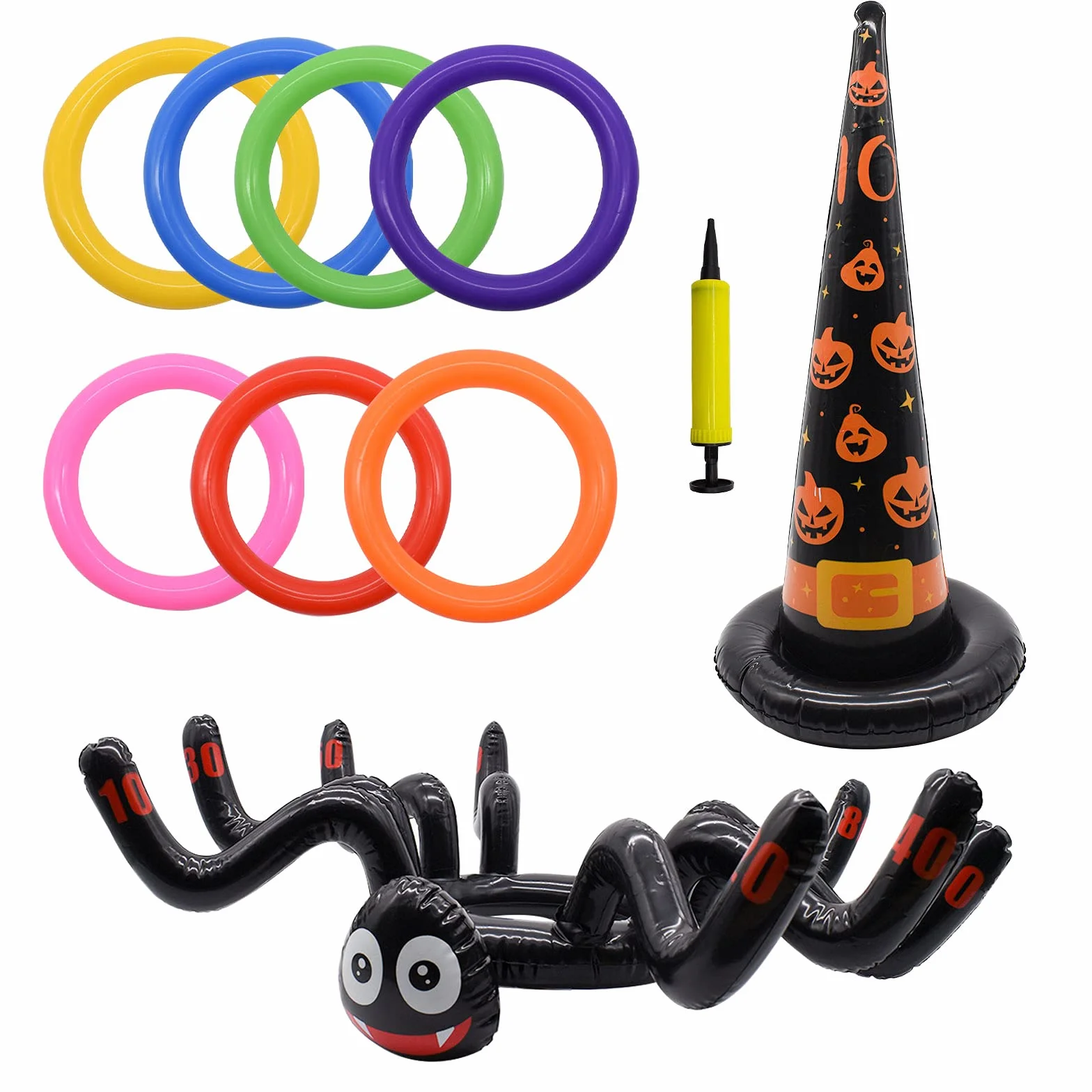 TRIXES Halloween Jeu de Lancer d'Anneaux Gonflables avec Araignée et Chapeau de Sorcière - Pompe à Air Incluse