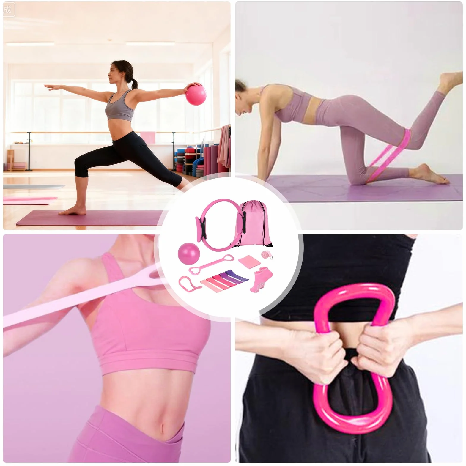 Kit de Pilates 13 Pièces, Ensemble d'Anneau de Pilates avec Ballon de Yoga, Bande de Résistance, Ceinture de Yoga, Chaussettes de Poignée
