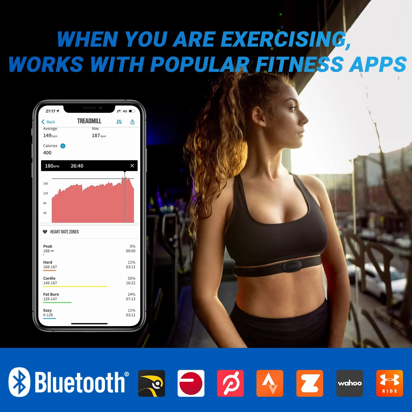 Moofit HR8 Moniteur de fréquence cardiaque Bluetooth 5.0 Ant+ IP67 étanche Noir