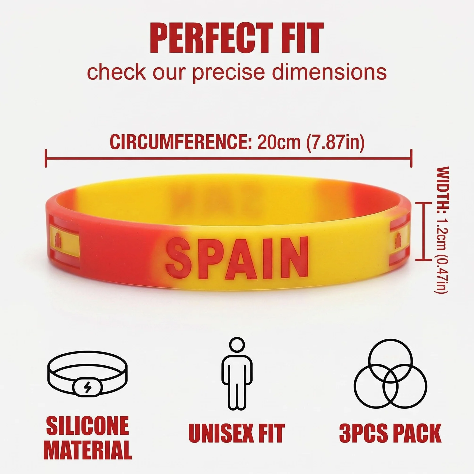 Bracelets Espagne Silicone Lot de 3 Rouge Drapeau Espagnol 20cm Accessoire Football