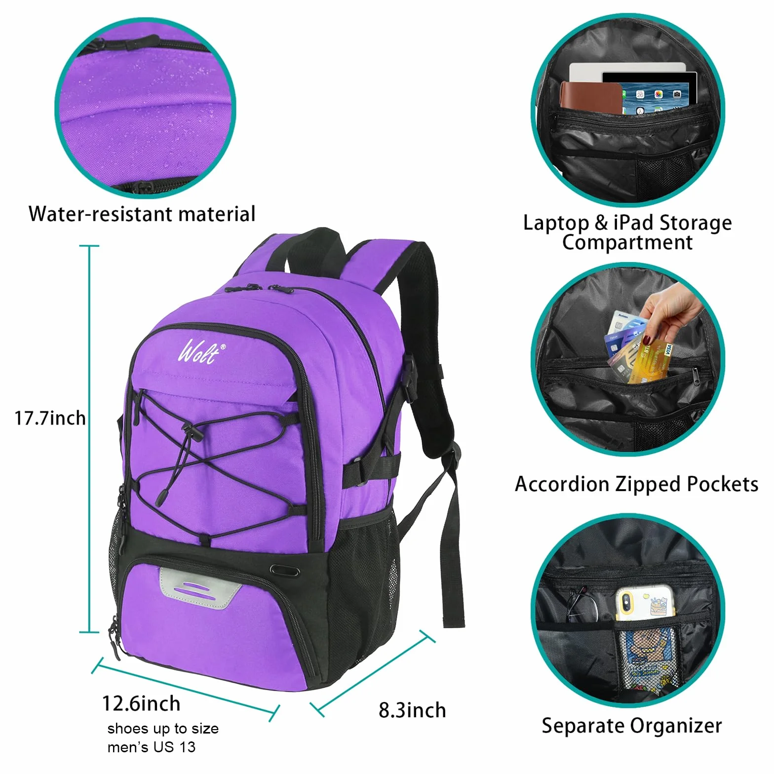 WOLT Sac à Dos de Basket-Ball Grand Sac de Sport avec Porte-Ballon et Compartiment à Chaussures