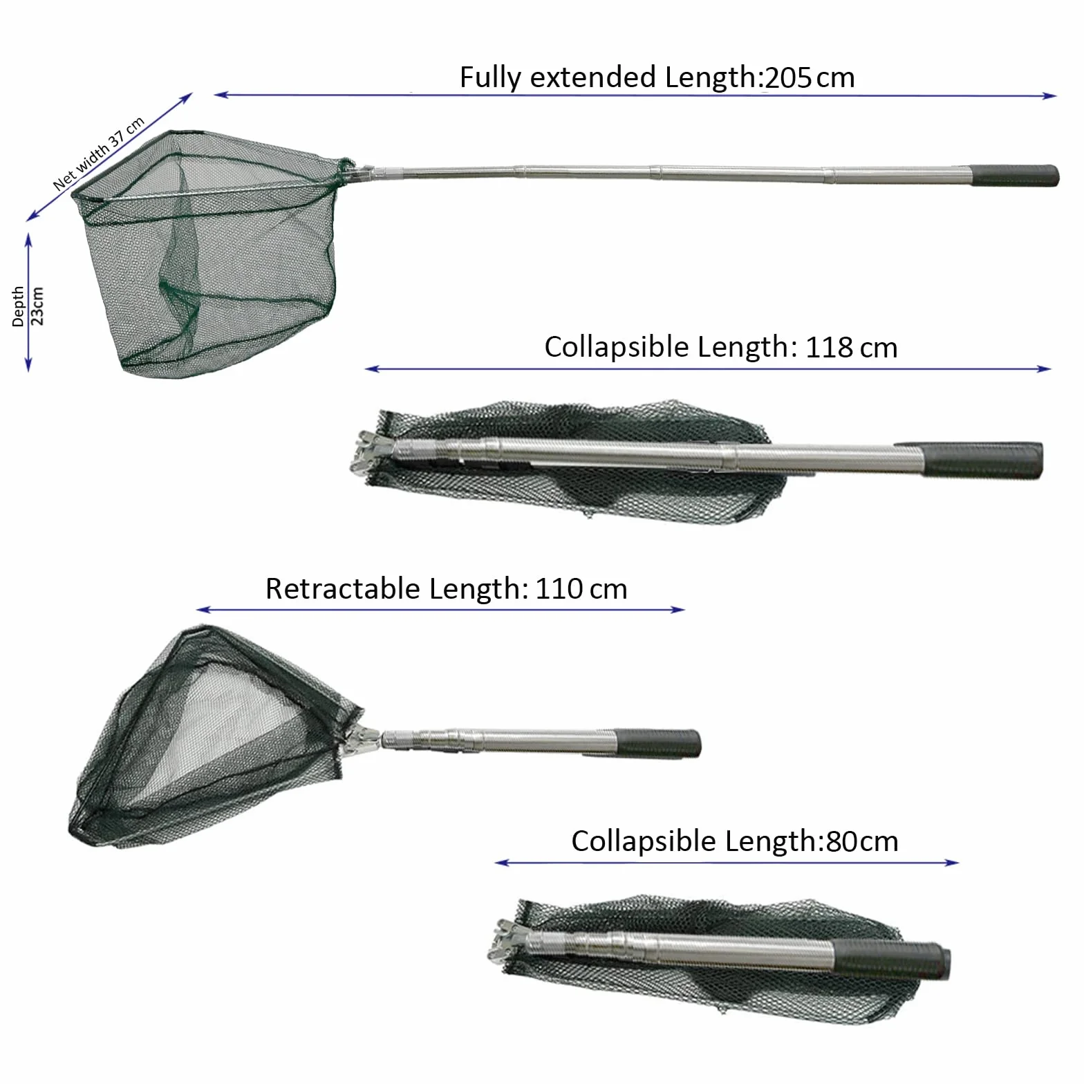 Épuisette de Pêche Pliable 205cm Manche Téléscopique Acier Inoxydable 4 Sections Filet Nylon Triangulaire 36-81 Pouces pour Carpe Truite