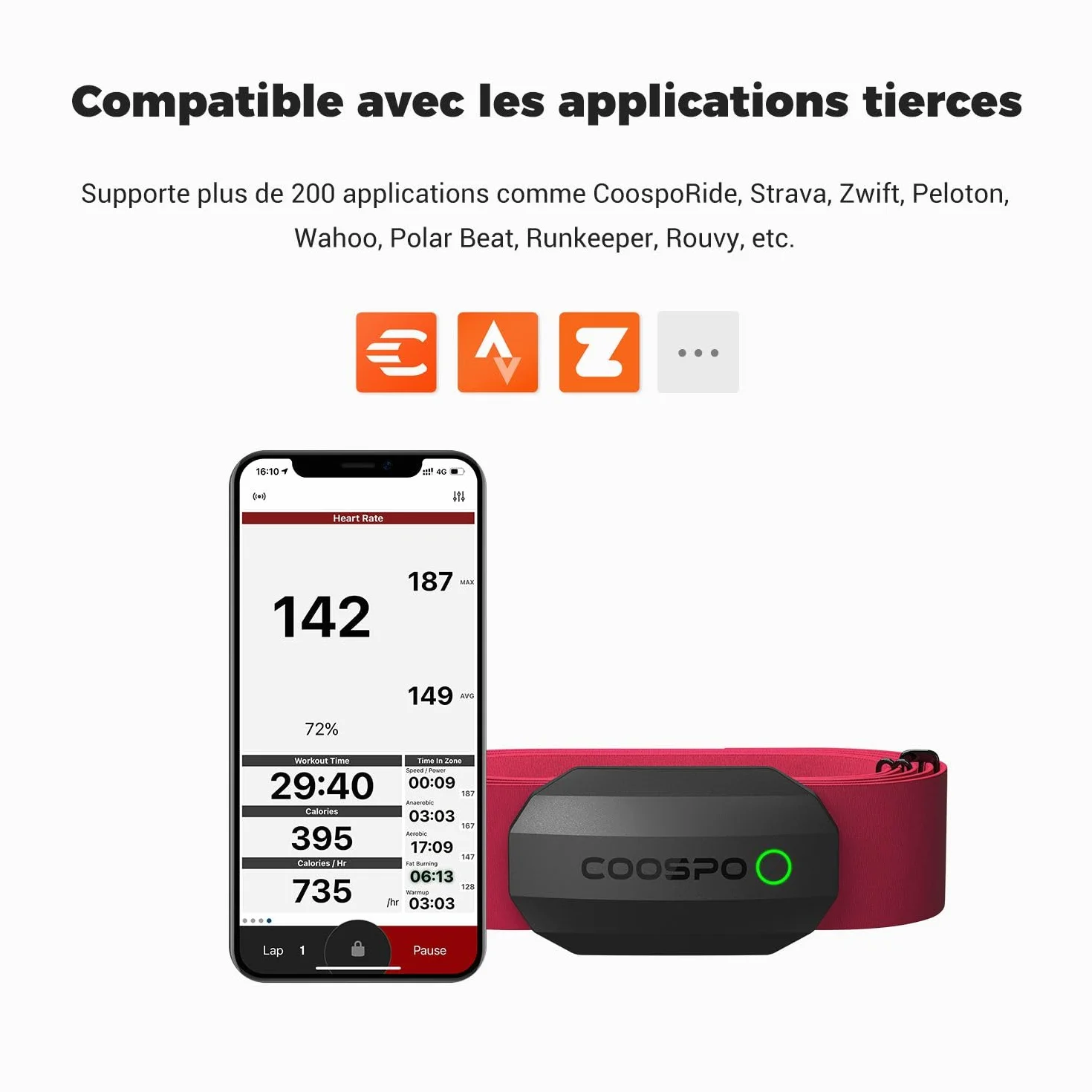 COOSPO H808S Capteur de Fréquence Cardiaque Bluetooth 5.0 Ant+ IP67 Étanche