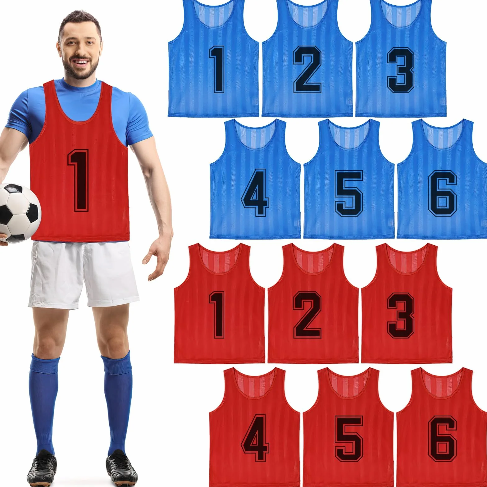 Lot de 24 dossards de football en maille pour enfants, gilet d'entraînement numéroté réversible, bleu et rouge, taille S