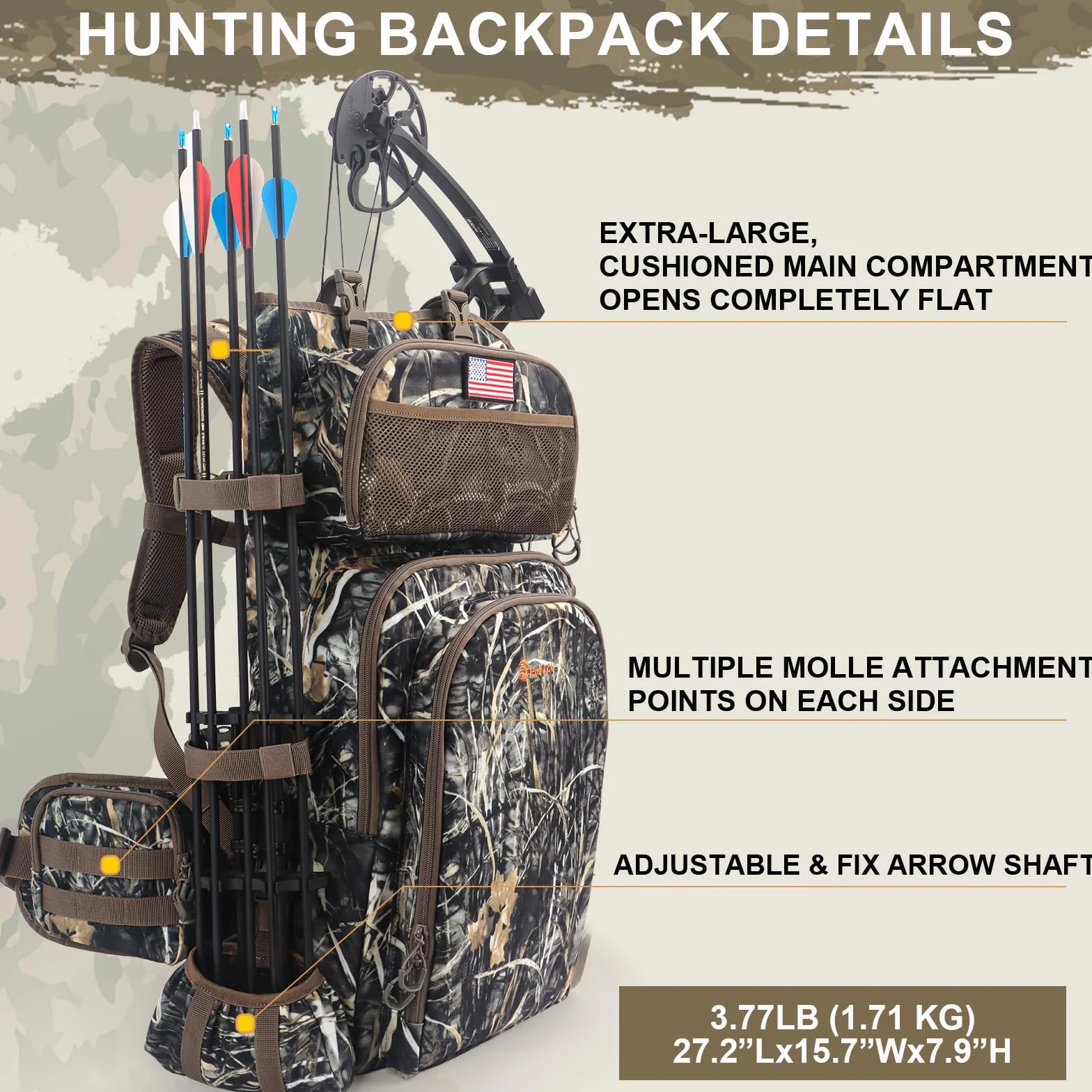Sac à dos de chasse homme avec porte-arc, sac de chasse en selle et sac de sport