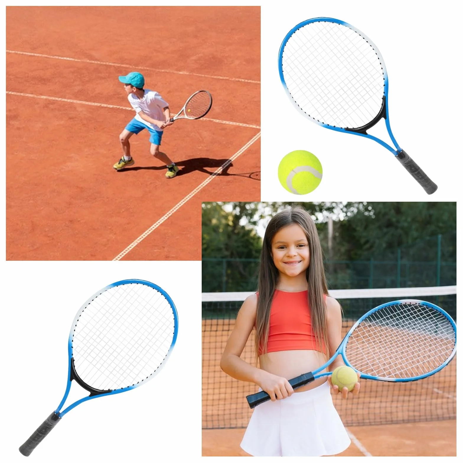 Raquette de Tennis Enfants Alliage de Fer Kit Démarrage Débutant avec Balle et Sac de Transport Bleu
