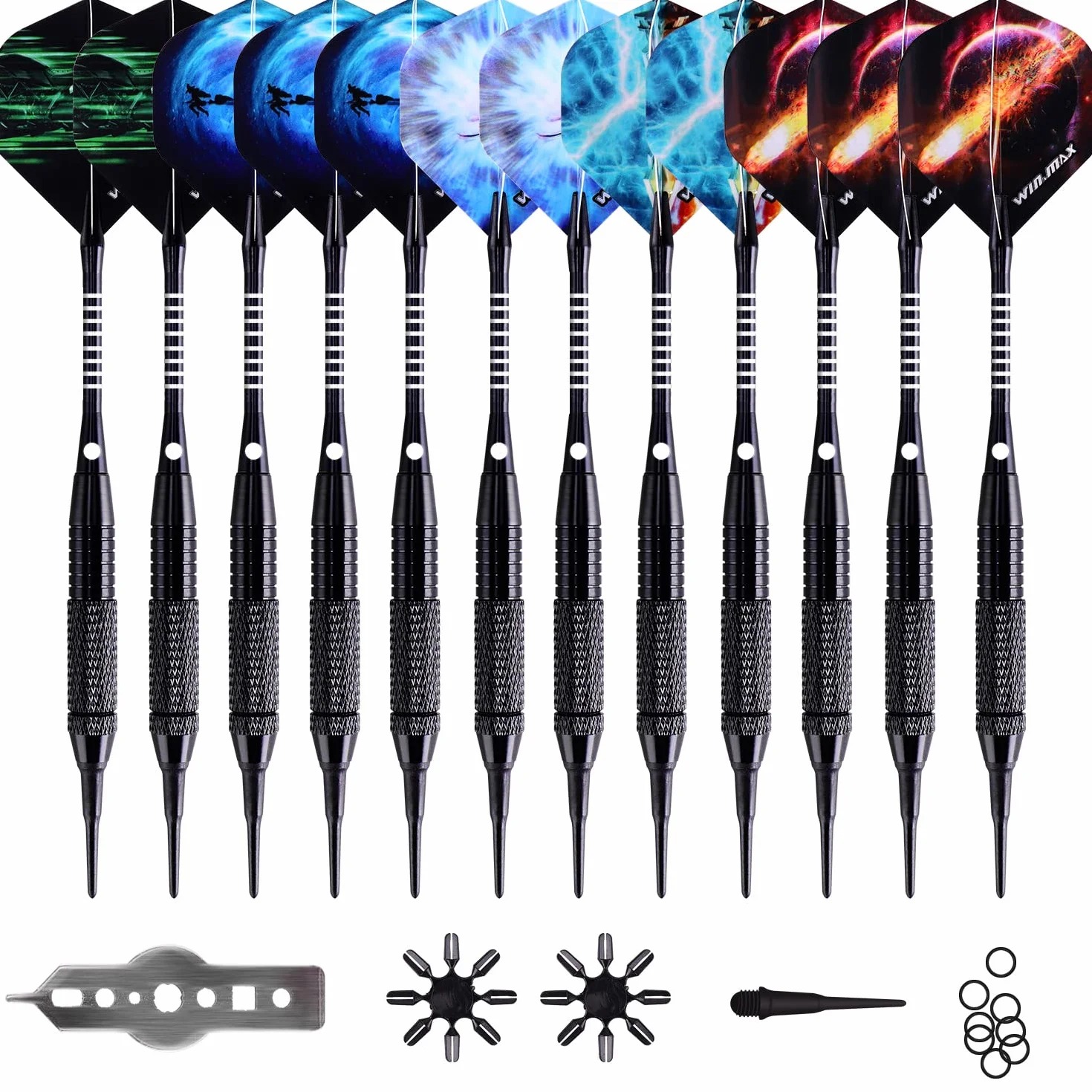 WIN.MAX Flechette Pointe Plastique 12 Fléchettes 24 Ailettes 100 Pointes Set pour Cible Electronique