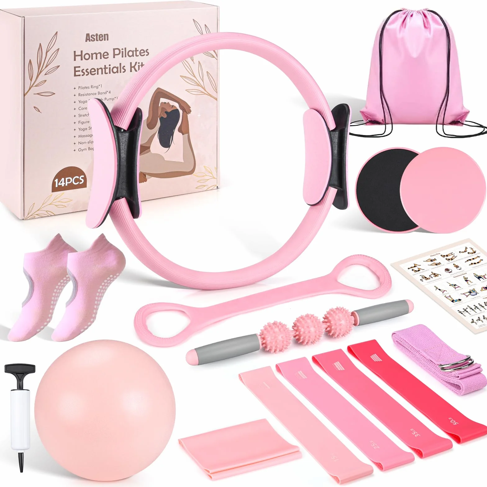 Asten Kit de Pilates à Domicile : Équipement avec Anneau, Balle, Bandes de Résistance, Curseur et Rouleau en Mousse