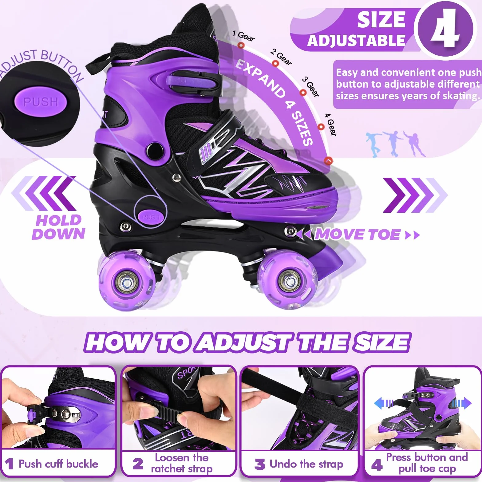 Patins à roulettes Enfants 4 Tailles réglables Roues Lumineuses Violet Blanc Quad Sport
