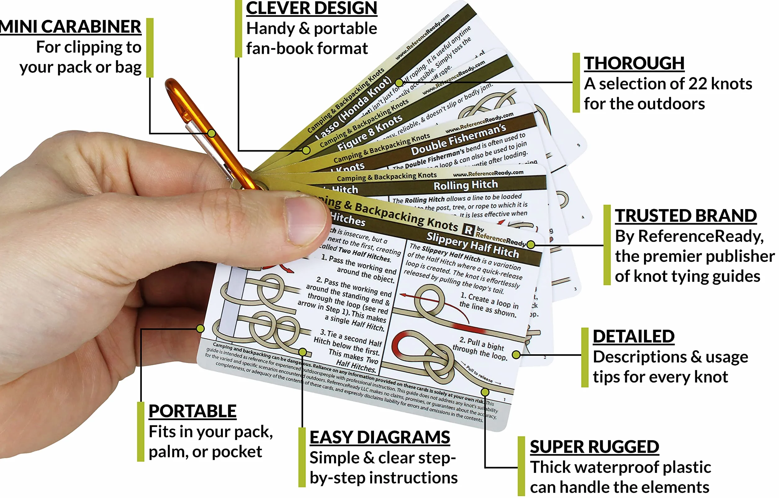 ReferenceReady Noeuds d'extérieur – Cartes de nouage étanches avec Mini Mousqueton – 22 nœuds de Corde pour Camping, Randonnée, Scoutisme