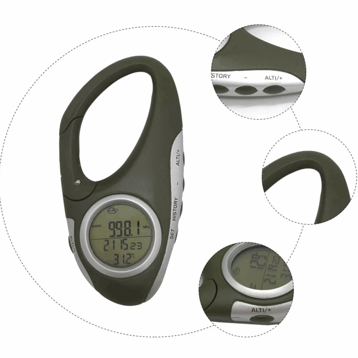Altimètre Baromètre Thermomètre à Mousqueton Vert ABS Portable Mesure Pression Atmosphérique Altitude Randonnée