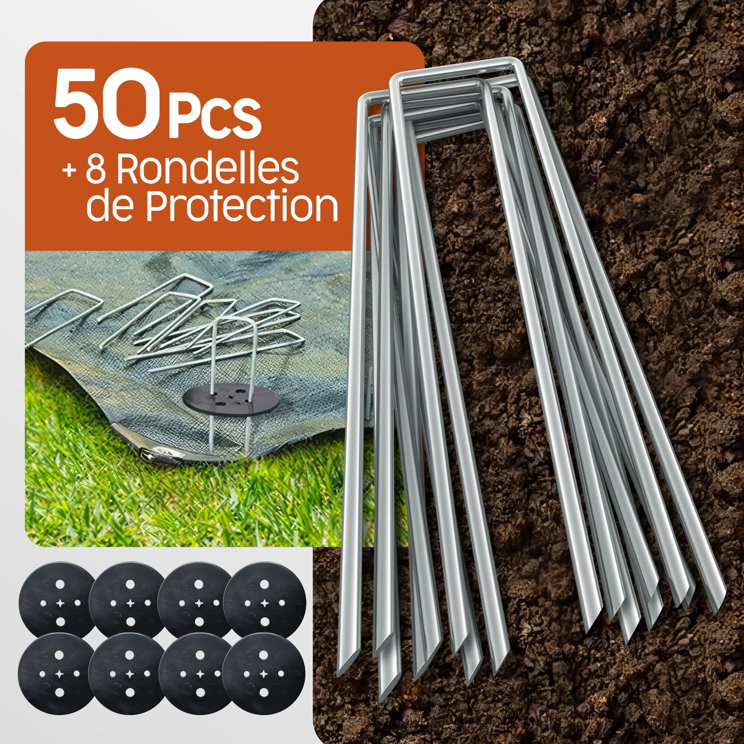 PORTENTUM Agrafes de Jardin 50 pcs + 8 Rondelles – Sardines de Fixation pour Sol Dur