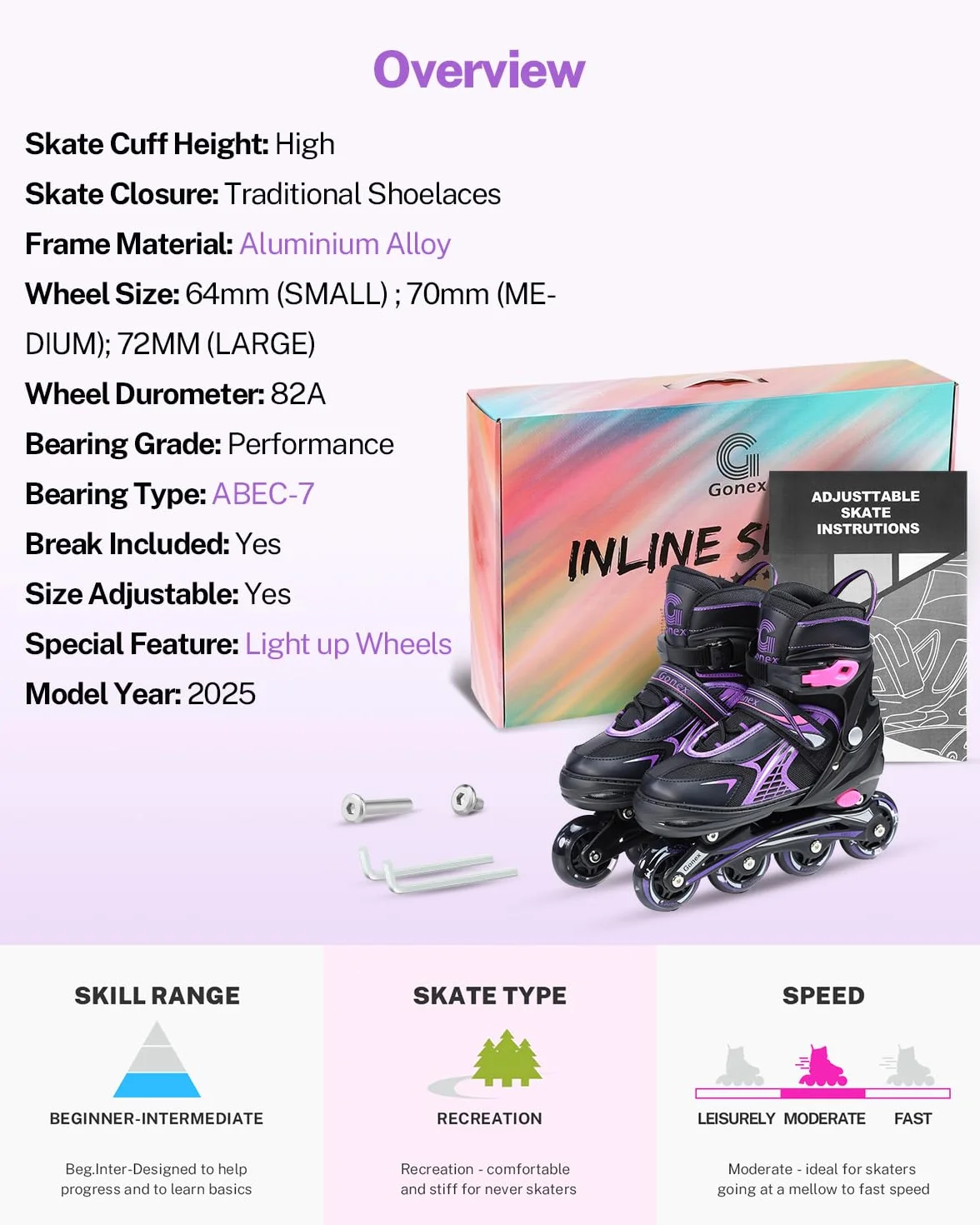 Gonex Rollers en Ligne Taille Réglable 31-42 Roue Brillant Enfant