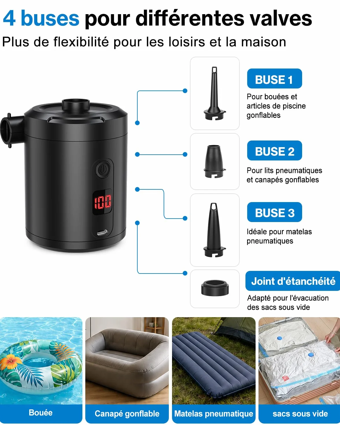 Pompe à Air Électrique Rechargeable 5200 mAh 280 L/Min avec Écran Numérique, Gonfleur Rapide Portable pour Matelas et Piscine