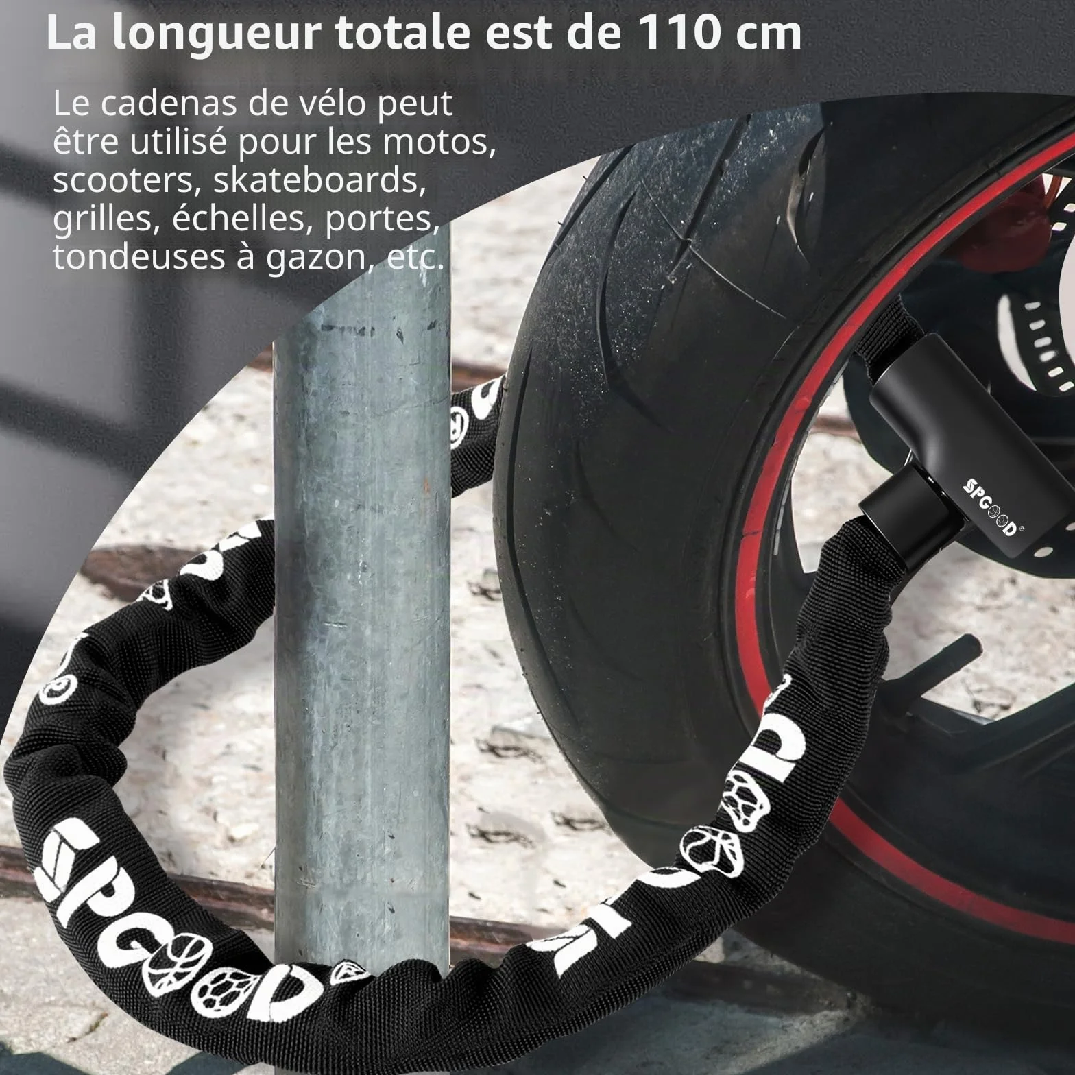 SPGOOD Antivol de Vélo 90 cm Chaîne Acier 6 mm avec 3 Clés Housse Étanche Haute Sécurité Vélo Électrique VTT Moto Noir