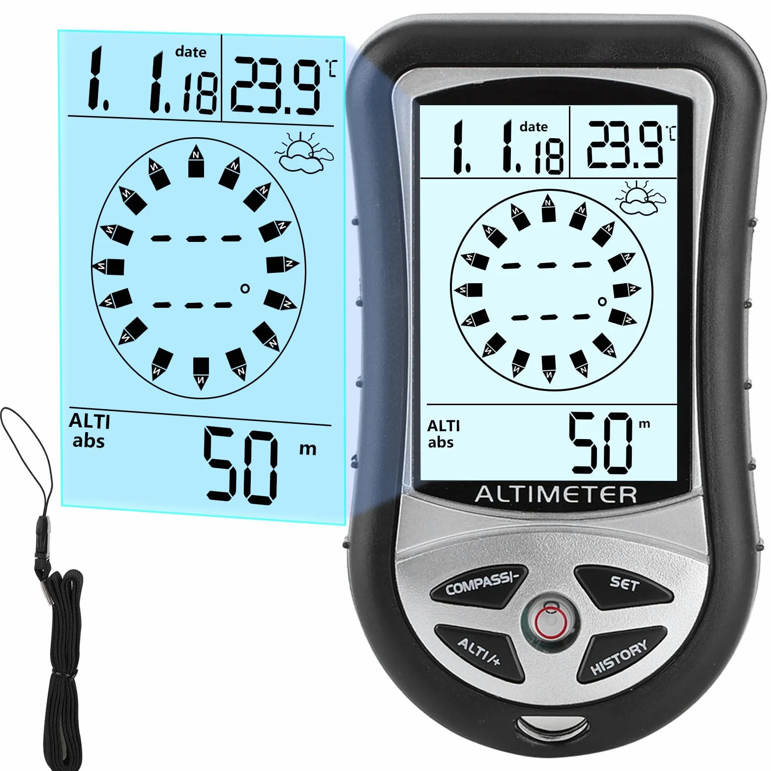 Altimètre numérique 8 en 1 baromètre boussole thermomètre pour alpinisme extérieur 2300-29500 pi 1100 mbar
