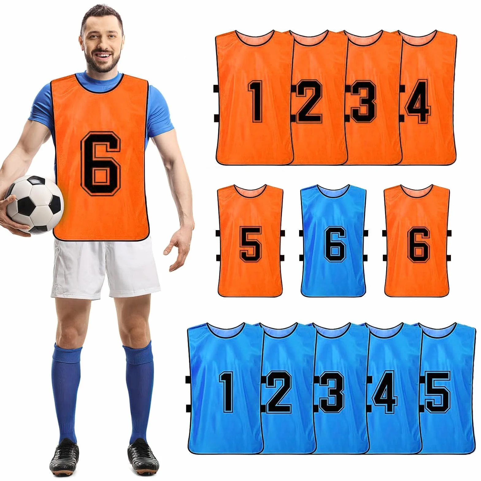 Lot de 12 Chasubles de Football Réversibles Numérotées pour Adultes – Gilets d’Entraînement Respirants – Taille XL – Orange/Bleu