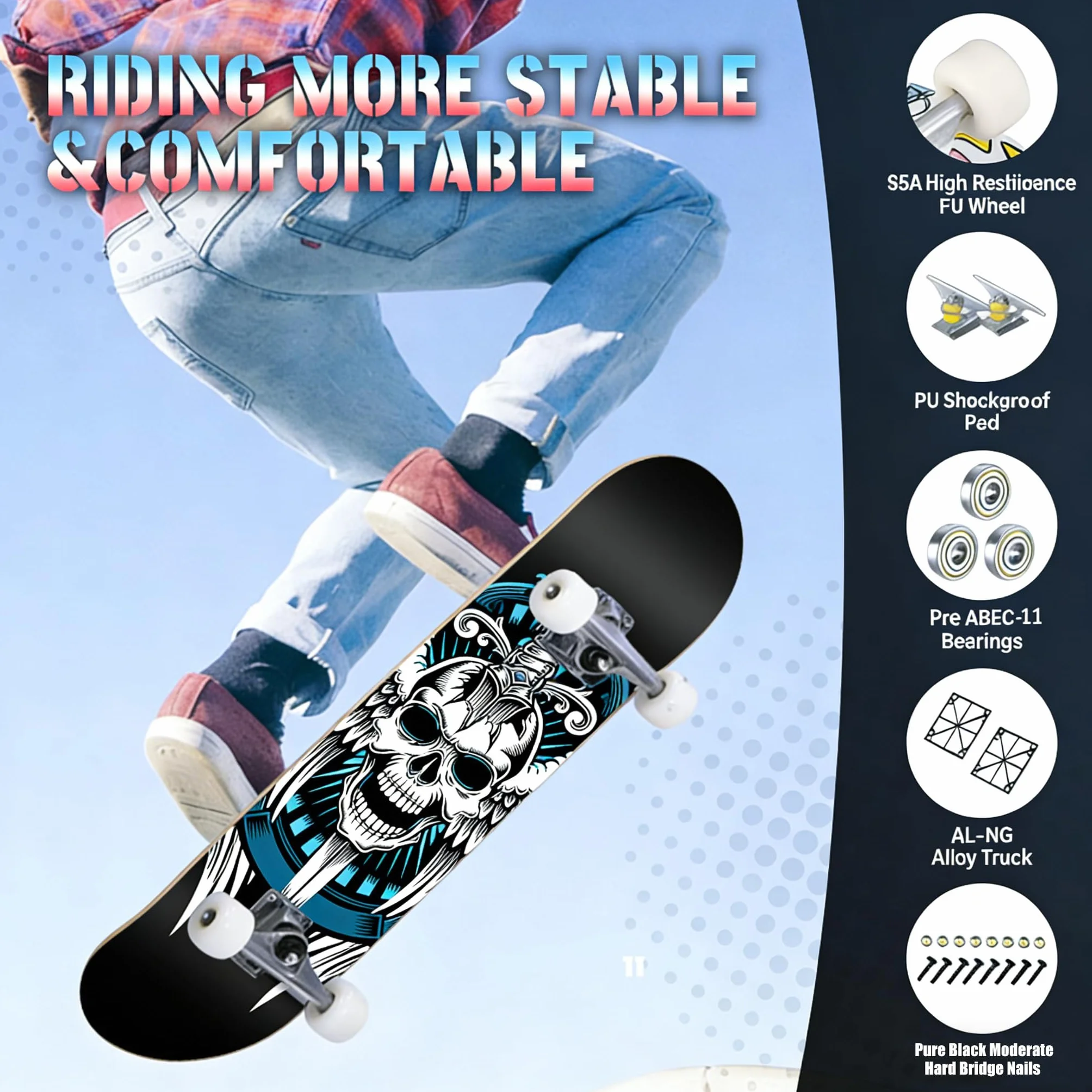 Skateboard Adulte Trick Skate Board pour Débutant Cadeau d'anniversaire Enfants Adolescent
