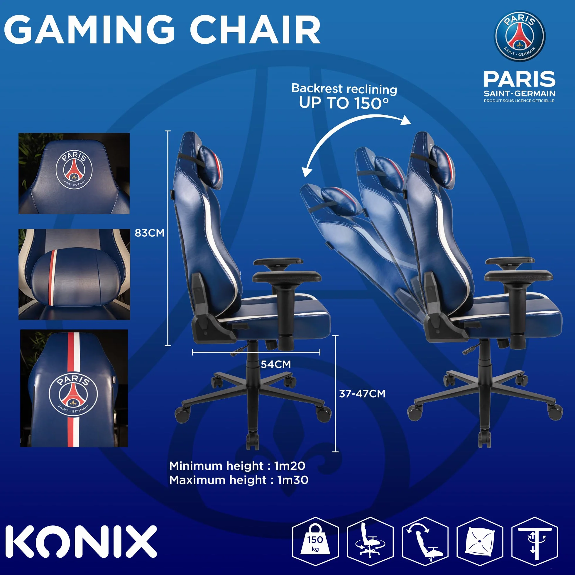 Konix PSG Chaise de Bureau Gaming Premium Inclinaison 150° Cuir Polyuréthane Coussin Lombaire Cervical Réglable Appui Tête Bleu