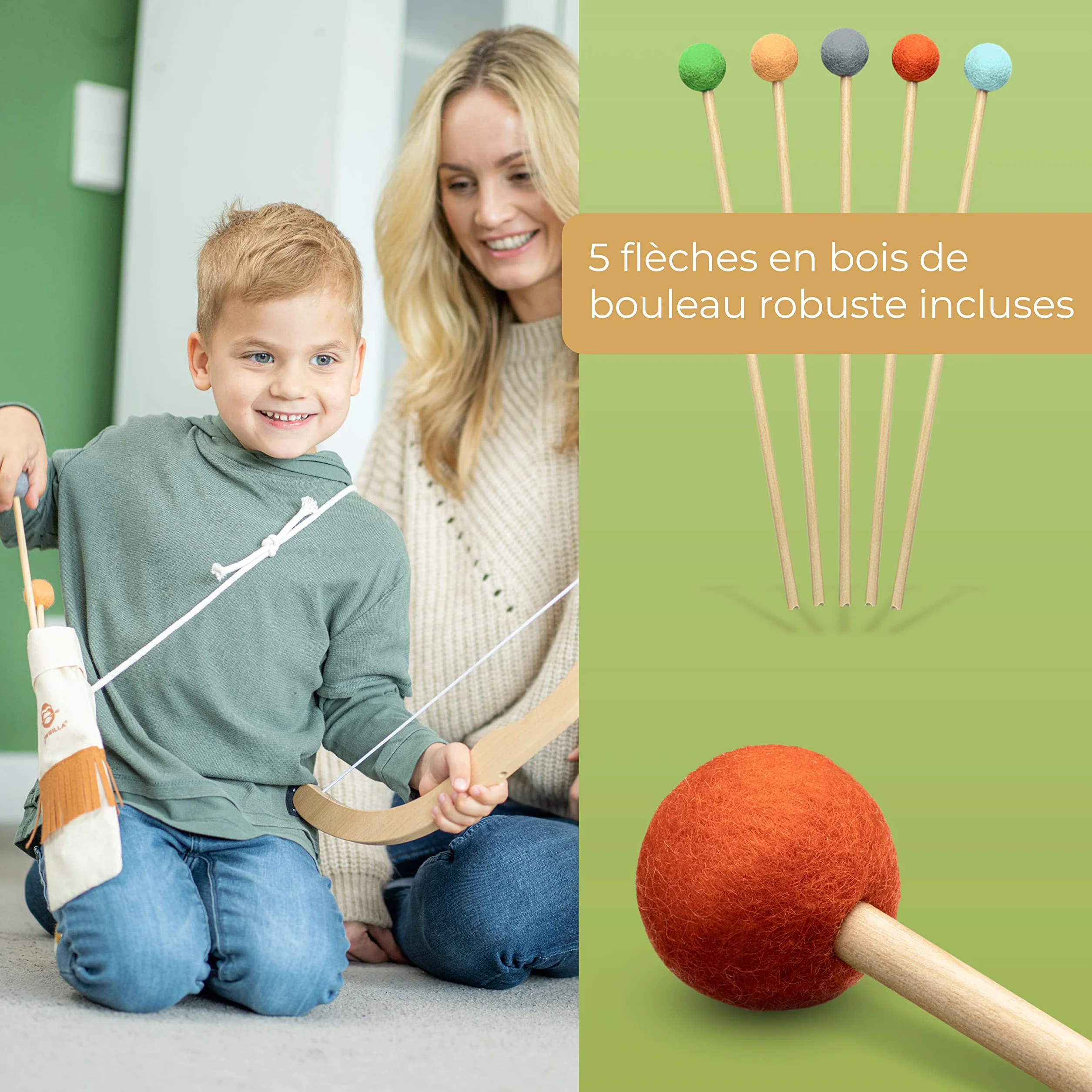 BOWRILLA® Arc et Flèches Enfant en Bois avec 5 Flèches, 4 Cibles et 1 Carquois | 3 LB Tir à l'arc pour Enfant