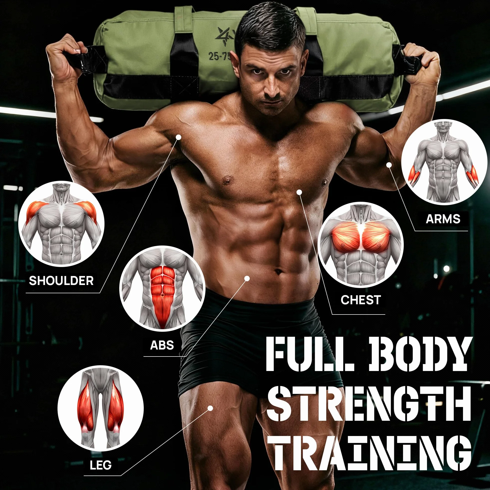 Yes4All Sac de Sable Réglable 7 poignées Power Bag Carolous 2-90 kg Non rempli pour Entraînement Fonctionnel Rucking Crossfit