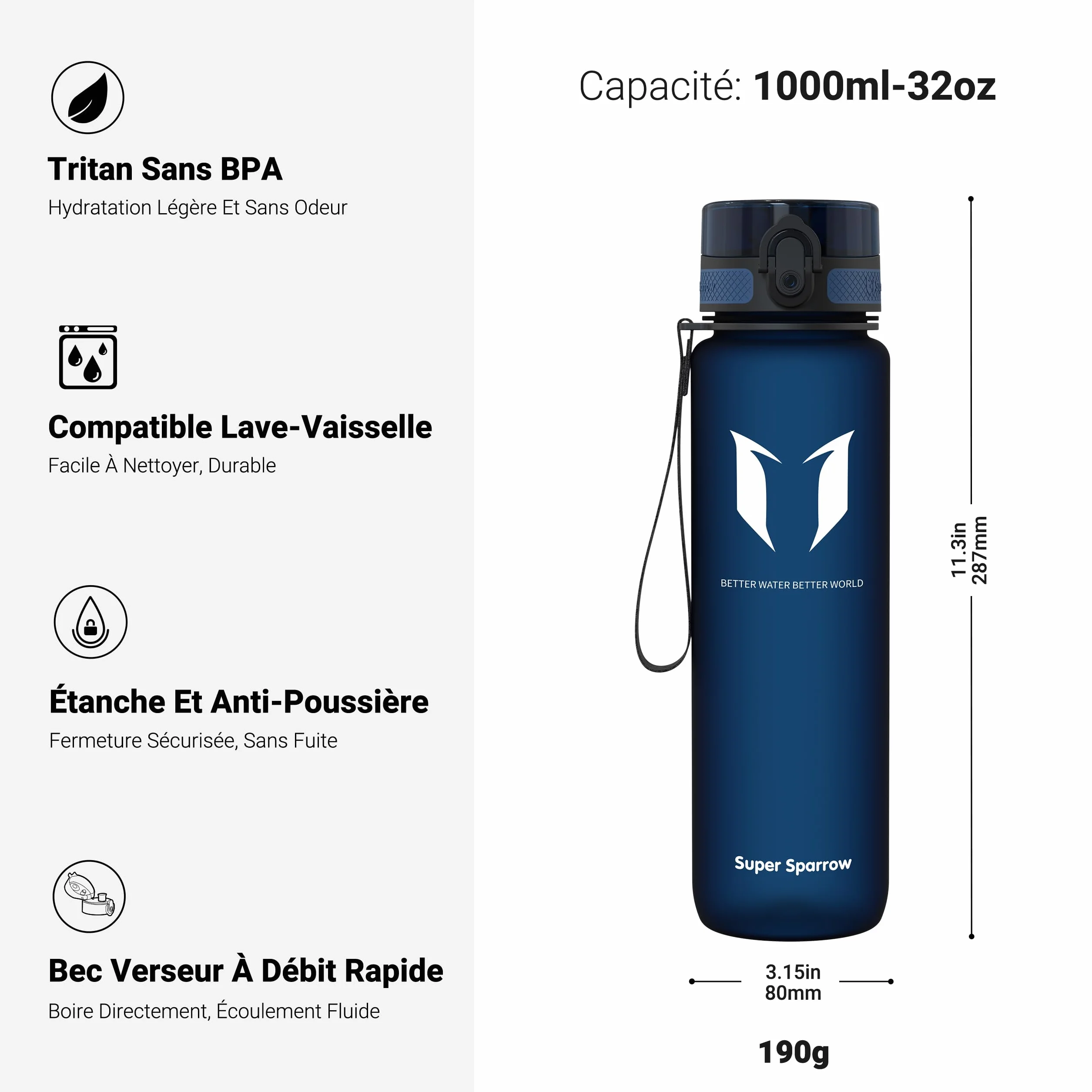 Super Sparrow Bouteille d'eau Gourde sans BPA 350ml 500ml 750ml 1000ml Sport Randonnée