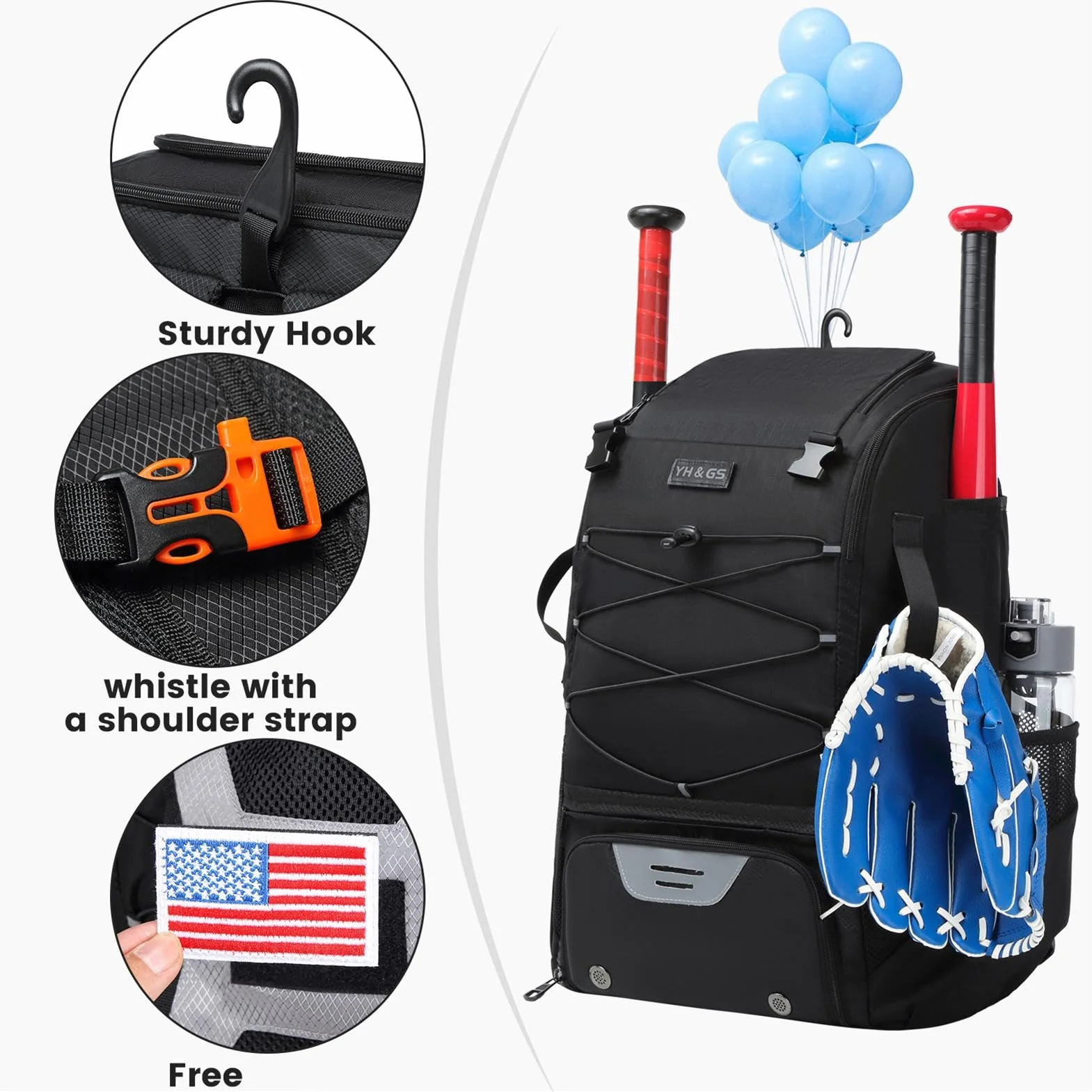 Sacs polyvalents d'équipement de baseball avec crochet de clôture pour casque et batte